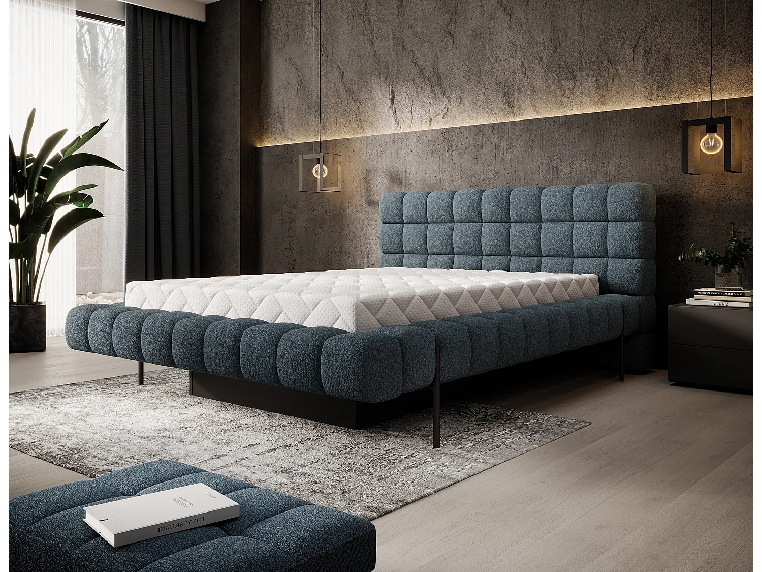 Lit avec coffre de rangement Kopa prestige – Revêtement tissu capitonné-Bleu charrette-140x200