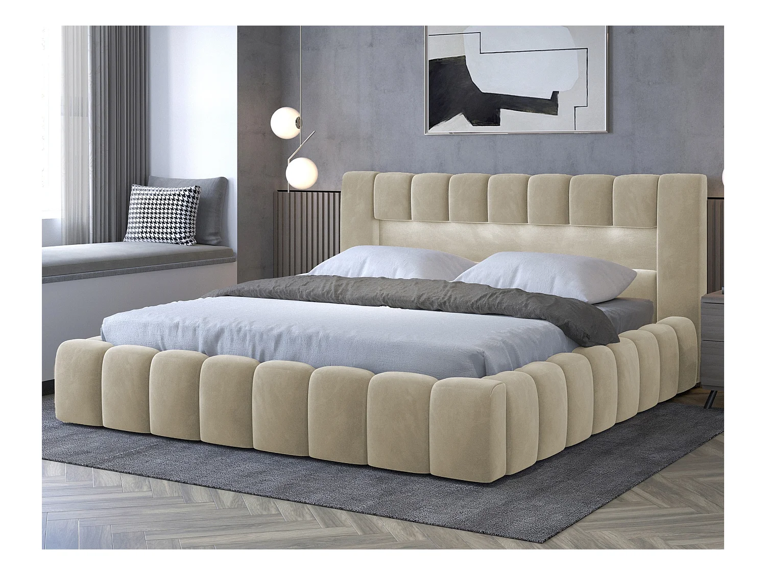 Lit coffre Luto prestige - Design tapissé velours et Led-Beige clair-160x200