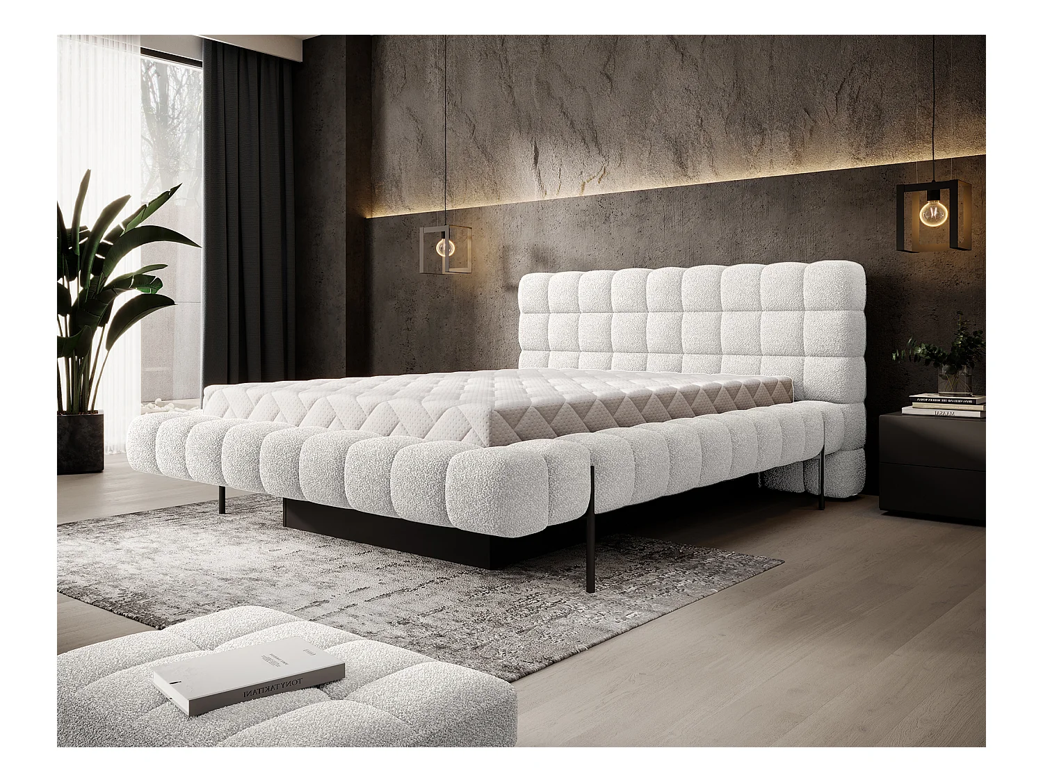 Lit avec coffre de rangement Kopa prestige – Revêtement tissu capitonné-Blanc-160x200