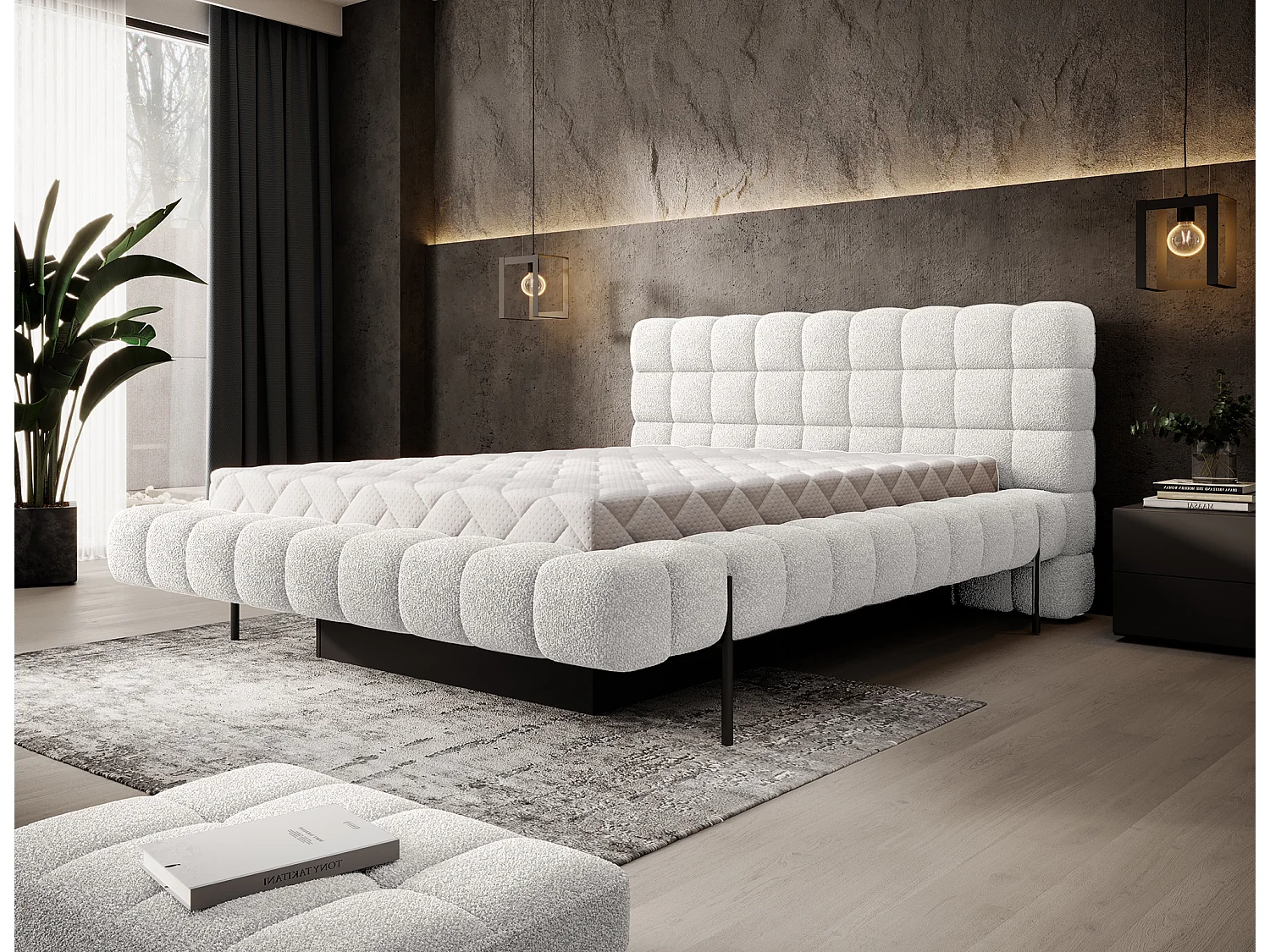 Bed met Kopa prestige opbergbox – Gewatteerde stoffen bekleding-Kleur Wit-Slapen 160x200cm