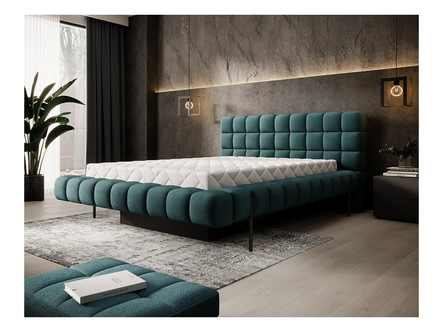 Lit avec coffre de rangement Kopa prestige – Revêtement tissu capitonné-Vert emeraude-180x200