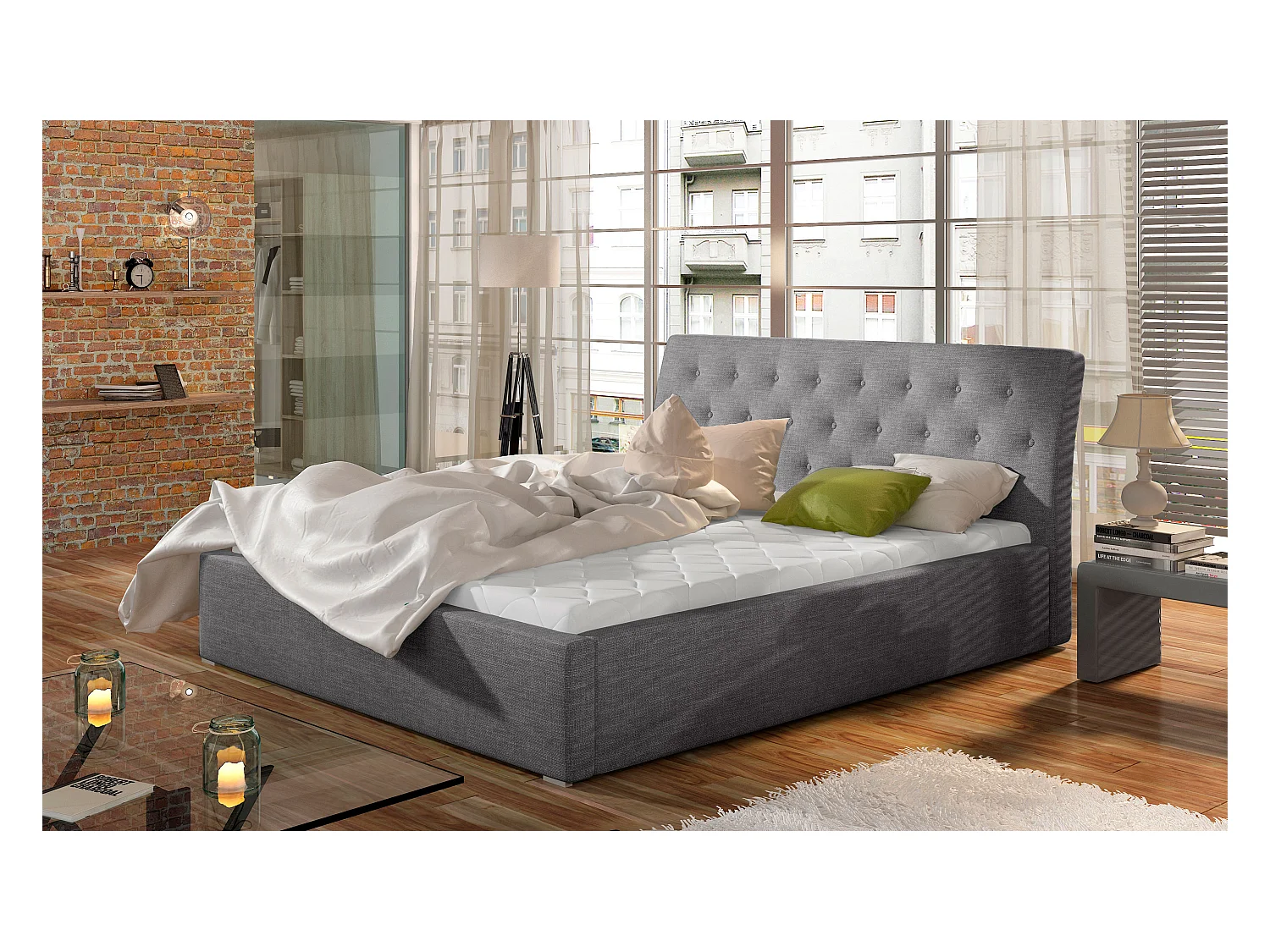 Lit tissu capitonné Venizia-Gris clair-200x200-Version sommier et coffre