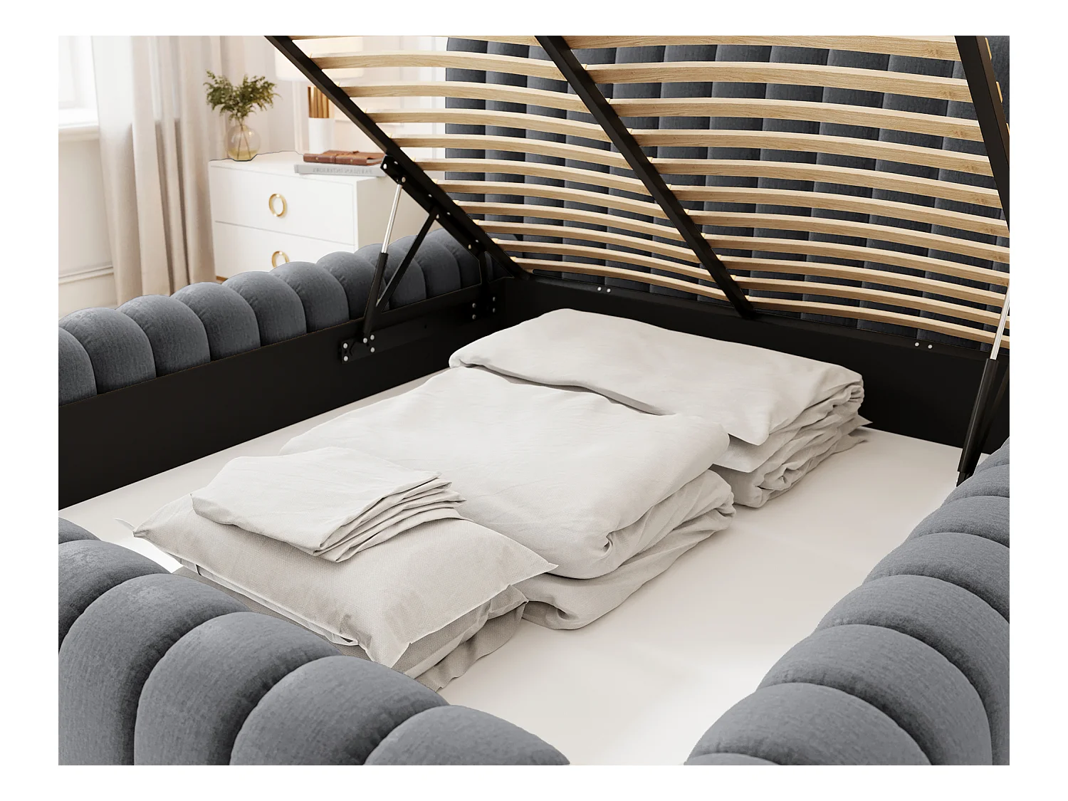 Lit coffre Madera prestige – Revêtement tissu tapissé-Gris foncé-180x200