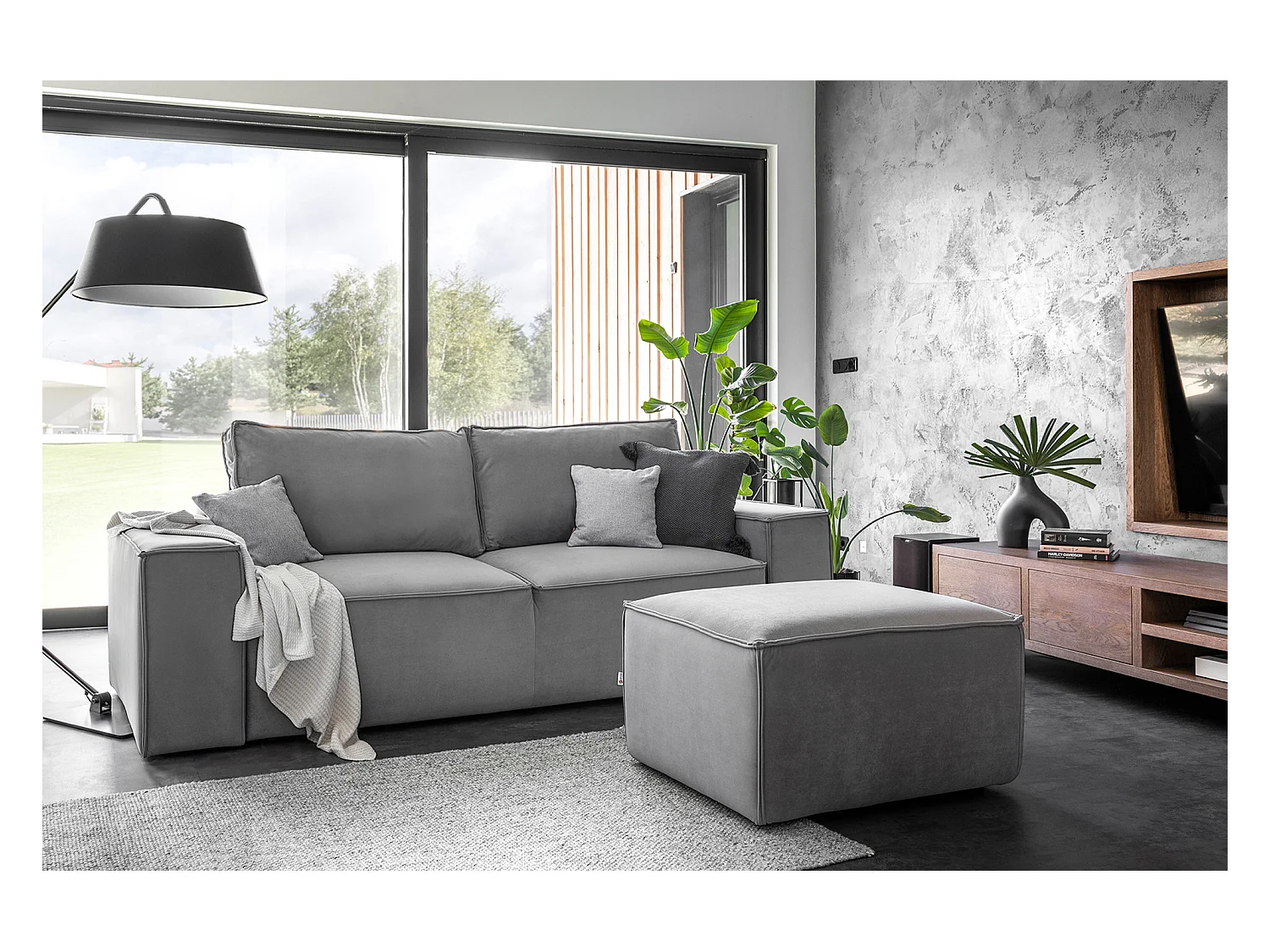 Pouf de salon en velours WILACE – Élégant et confortable-Gris perle