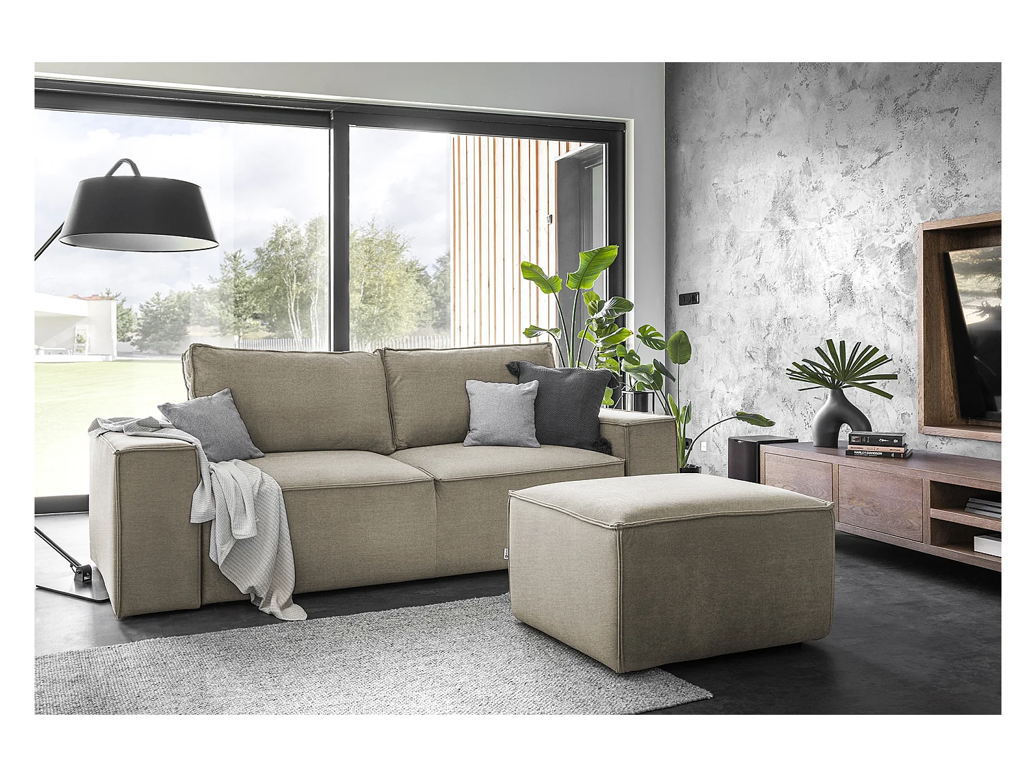 Pouf de salon en velours WILACE – Élégant et confortable-Gris perle