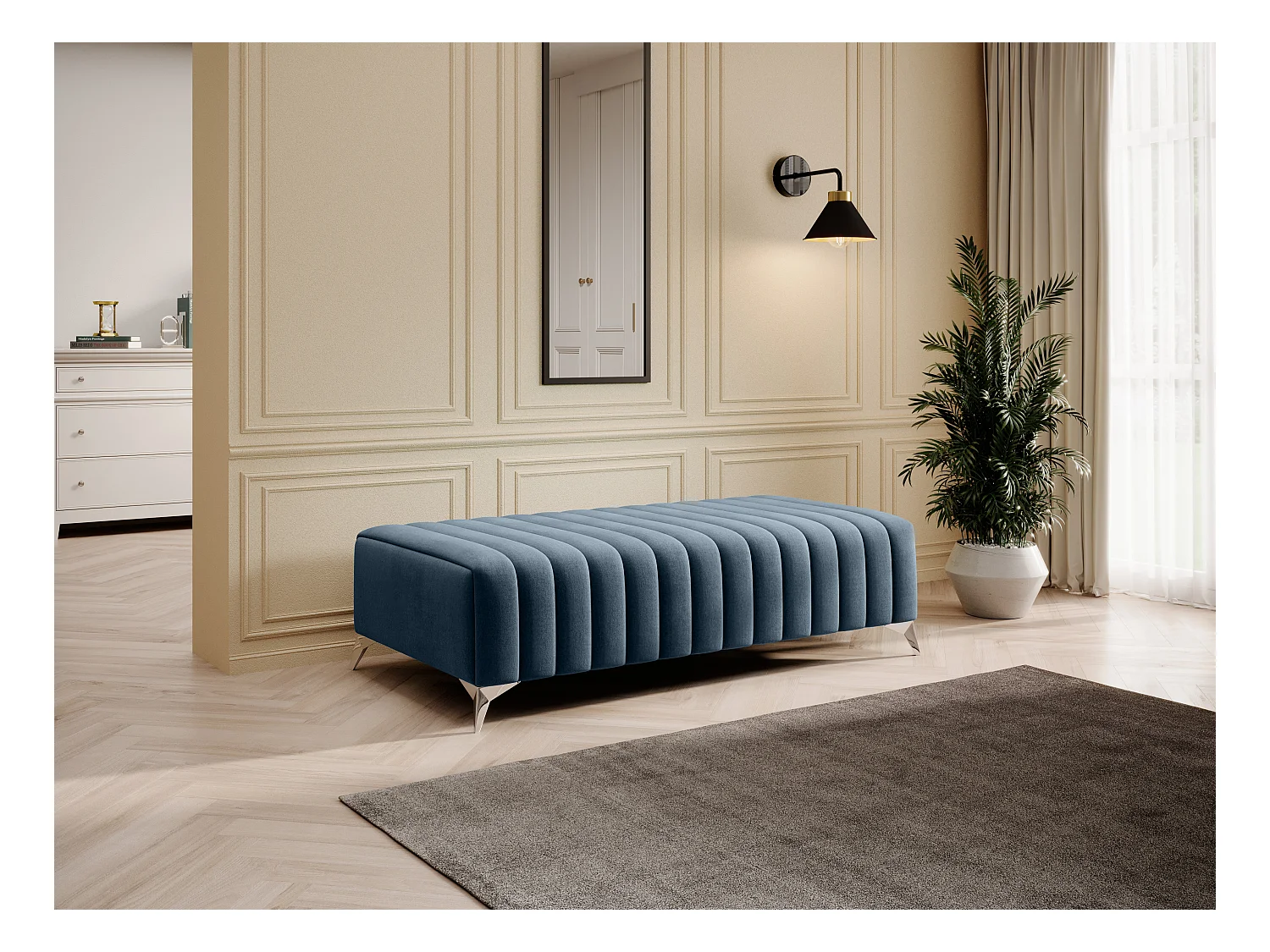 Pouf design velours avec pieds en acier chromé LOZA-Bleu charron