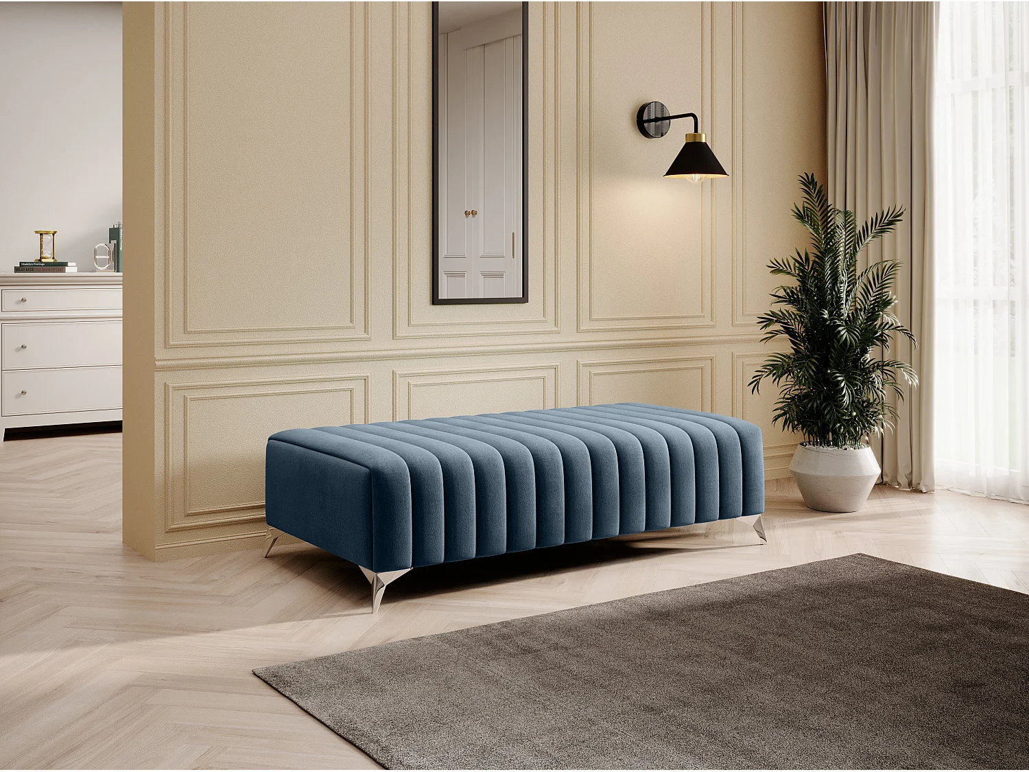 Pouf design velours avec pieds en acier chromé LOZA-Bleu charron