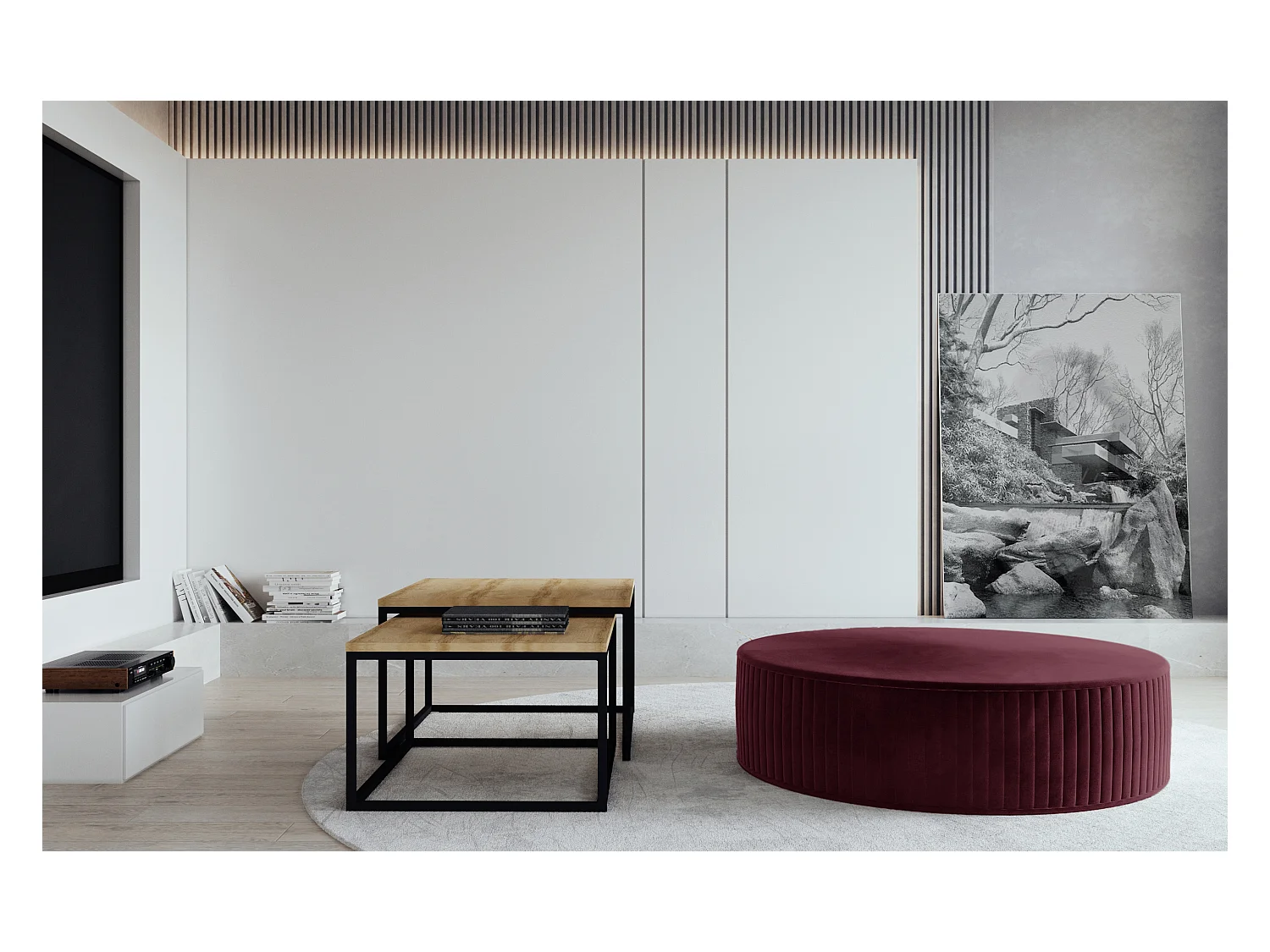 Pouf rond en velours KARA – Confort absolu-Bordeaux