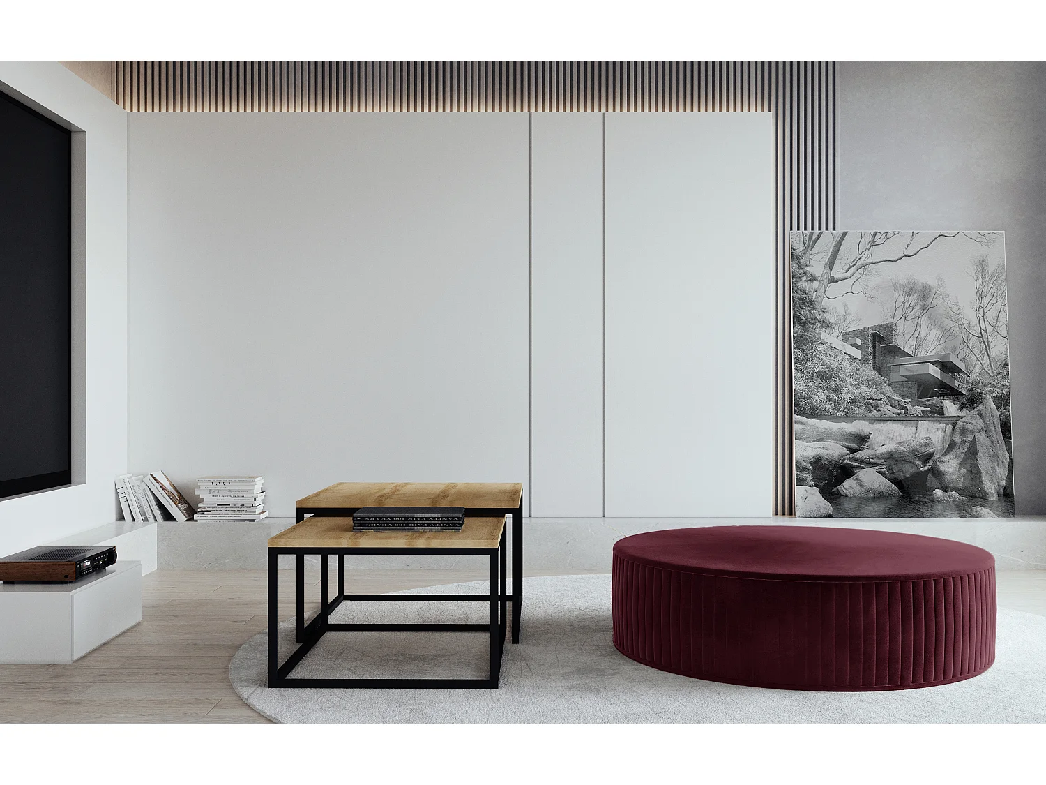 Pouf rond en velours KARA – Confort absolu-Bordeaux