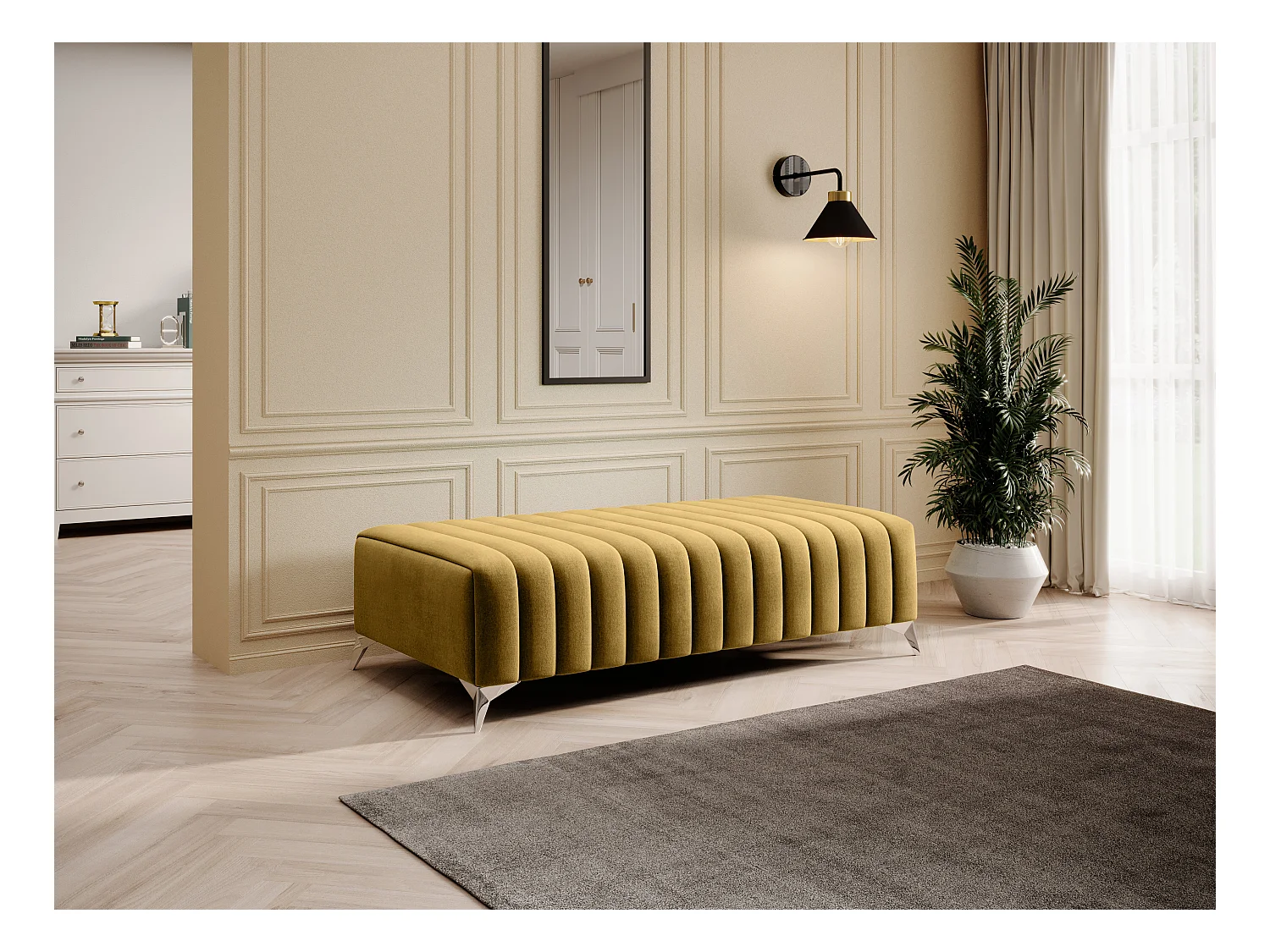 Pouf design velours avec pieds en acier chromé LOZA-Jaune moutarde