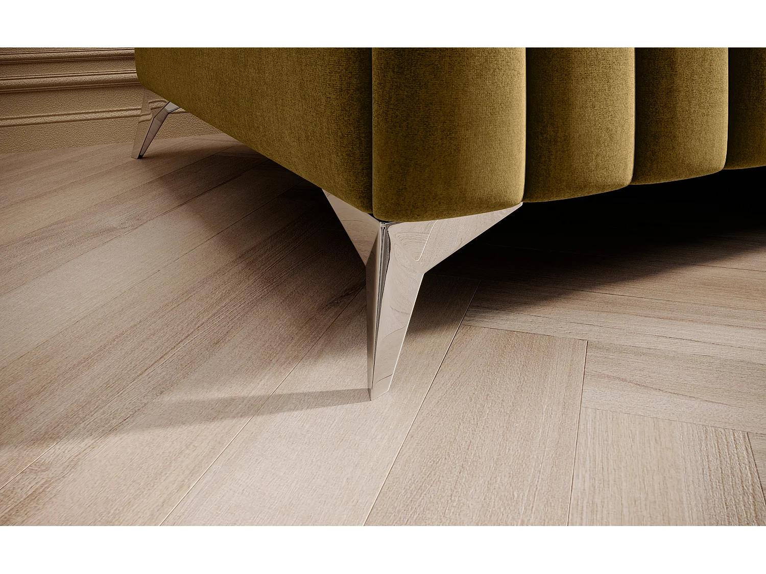 Pouf design velours avec pieds en acier chromé LOZA-Jaune moutarde