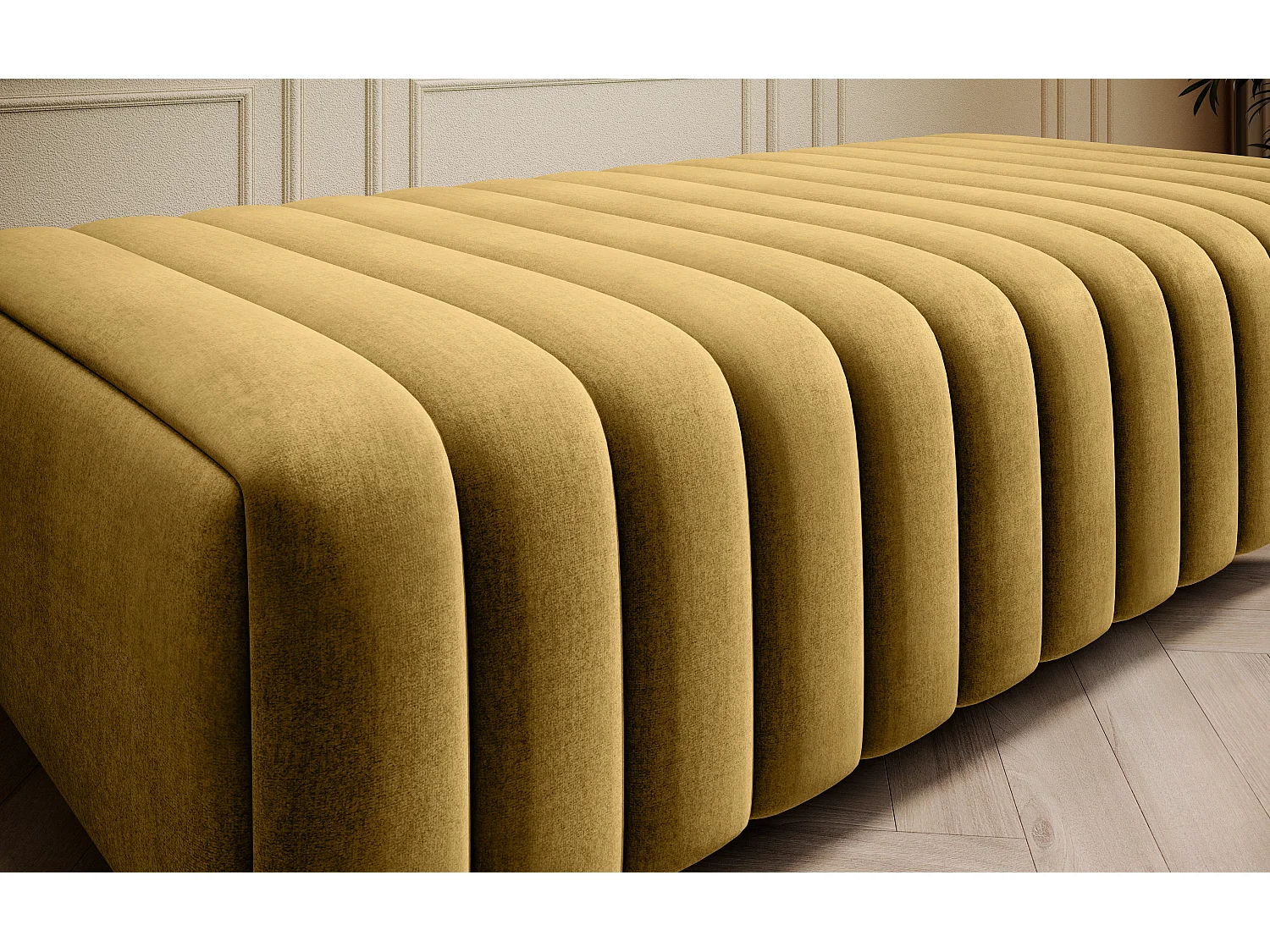 Pouf design velours avec pieds en acier chromé LOZA-Jaune moutarde