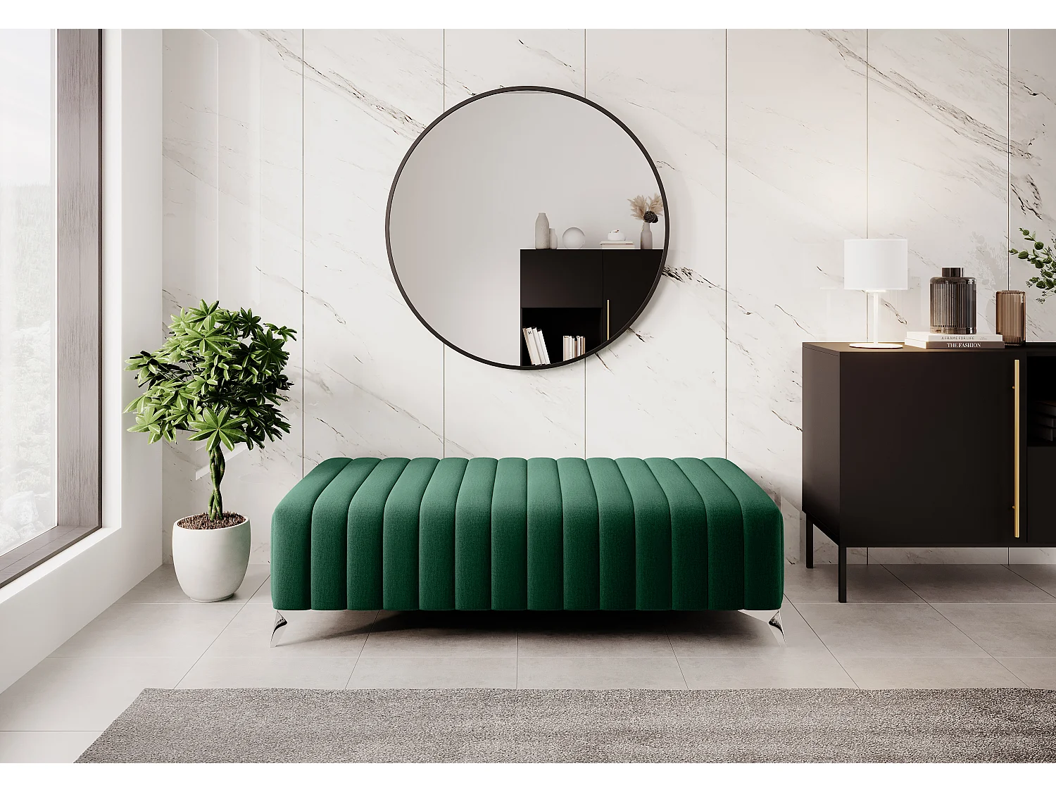 Pouf design velours avec pieds en acier chromé LOZA-Jaune moutarde