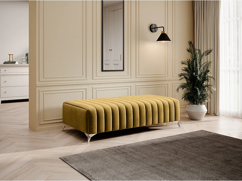 Pouf design velours avec pieds en acier chromé LOZA-Jaune moutarde