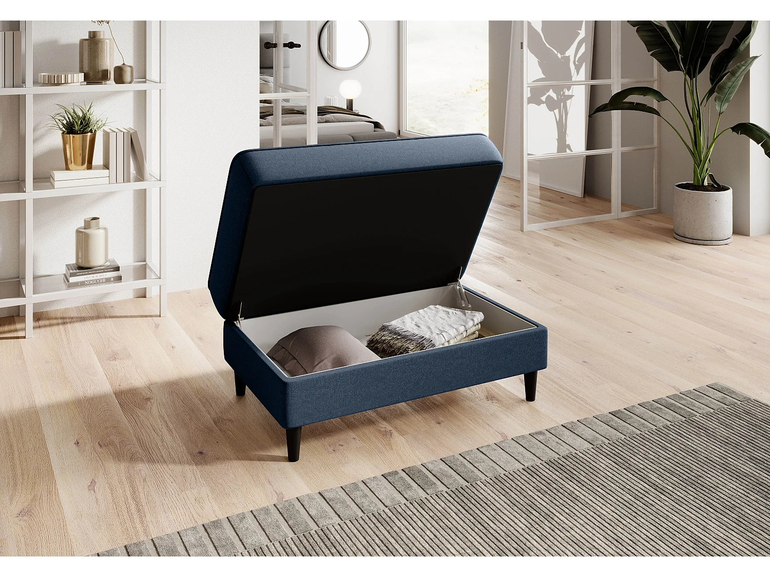 Pouf avec rangement en tissu BOZA-Bleu charrette