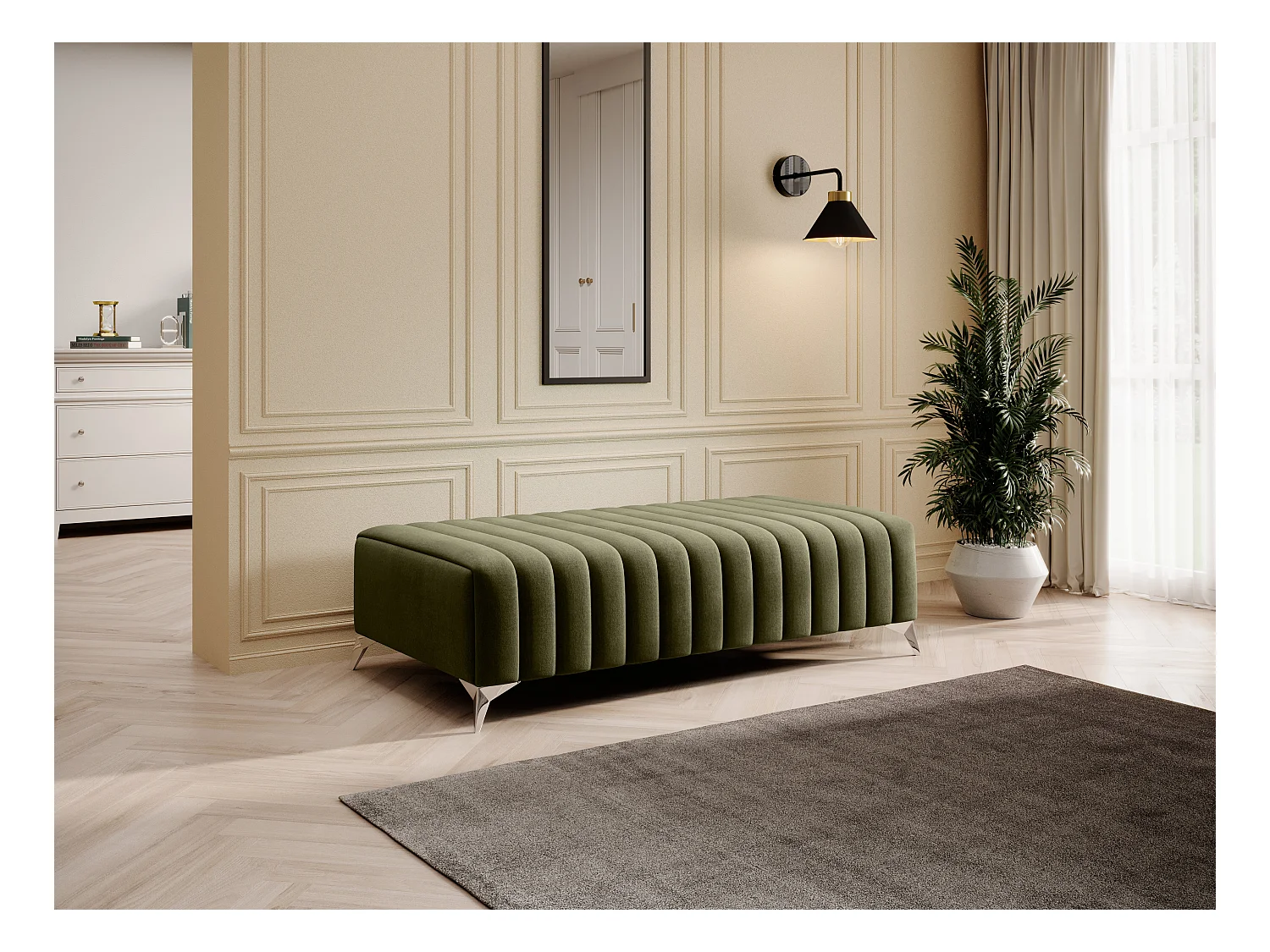 Pouf design velours avec pieds en acier chromé LOZA-Vert olive