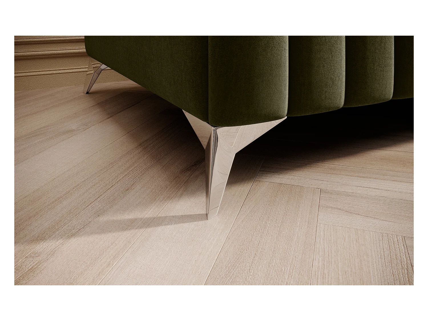 Pouf design velours avec pieds en acier chromé LOZA-Vert olive