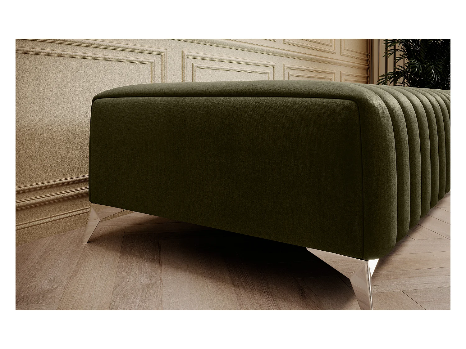 Pouf design velours avec pieds en acier chromé LOZA-Vert olive
