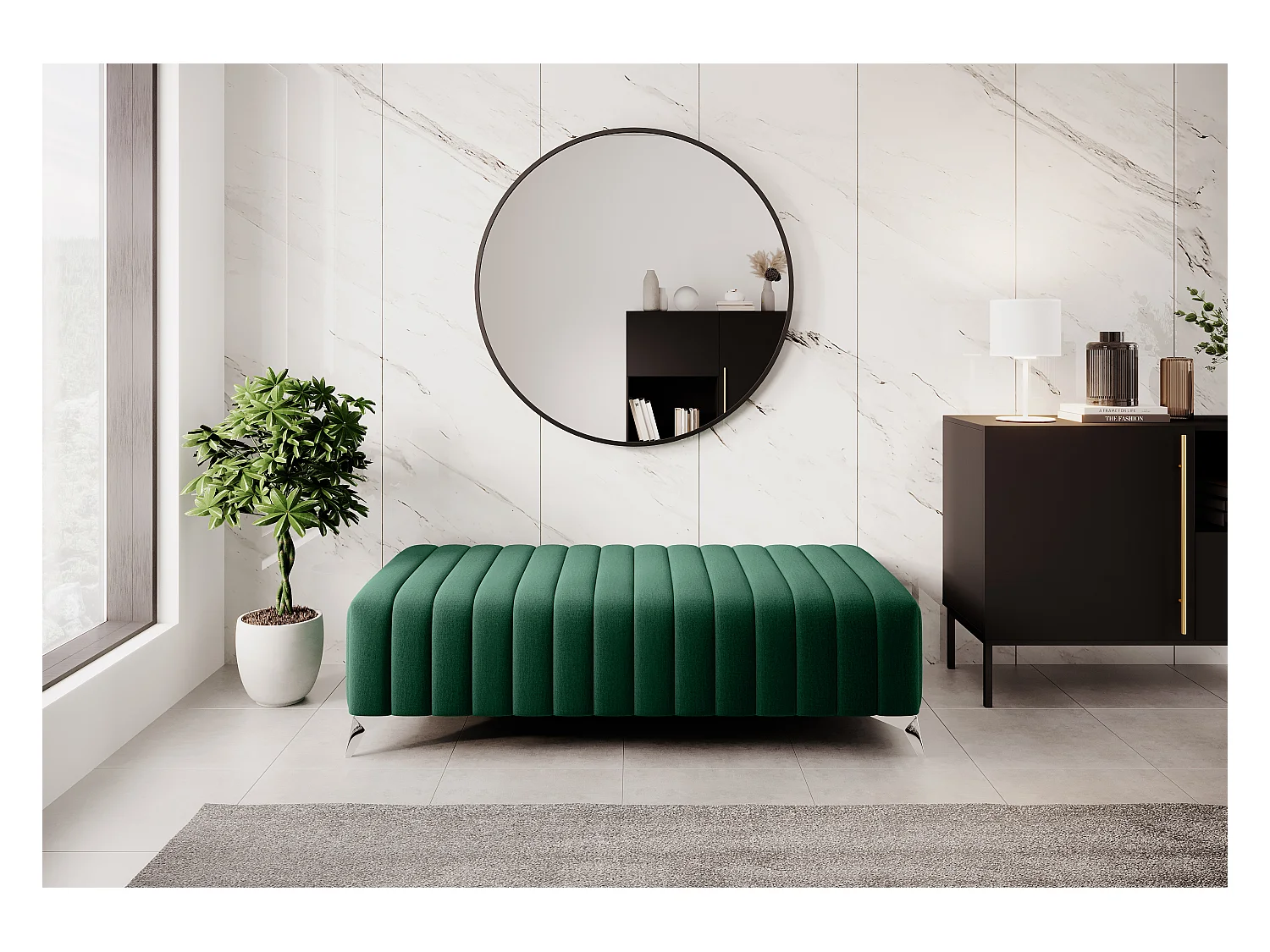 Pouf design velours avec pieds en acier chromé LOZA-Vert olive