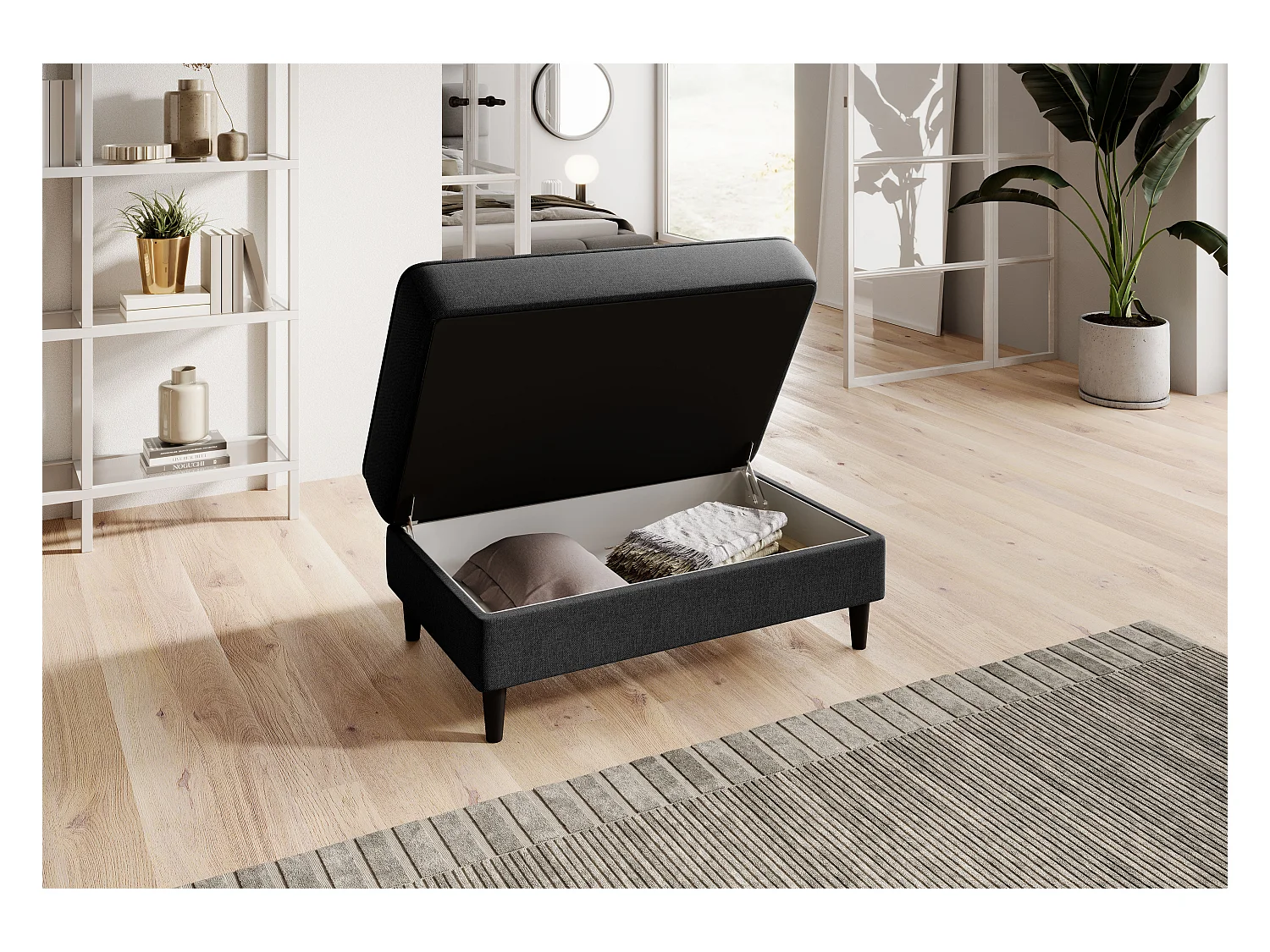 Pouf avec rangement en tissu BOZA-Gris foncé chiné