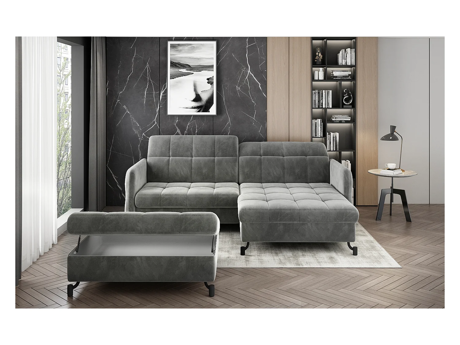 Pouf tissu matelassé avec coffre de rangement LORI-Gris souris