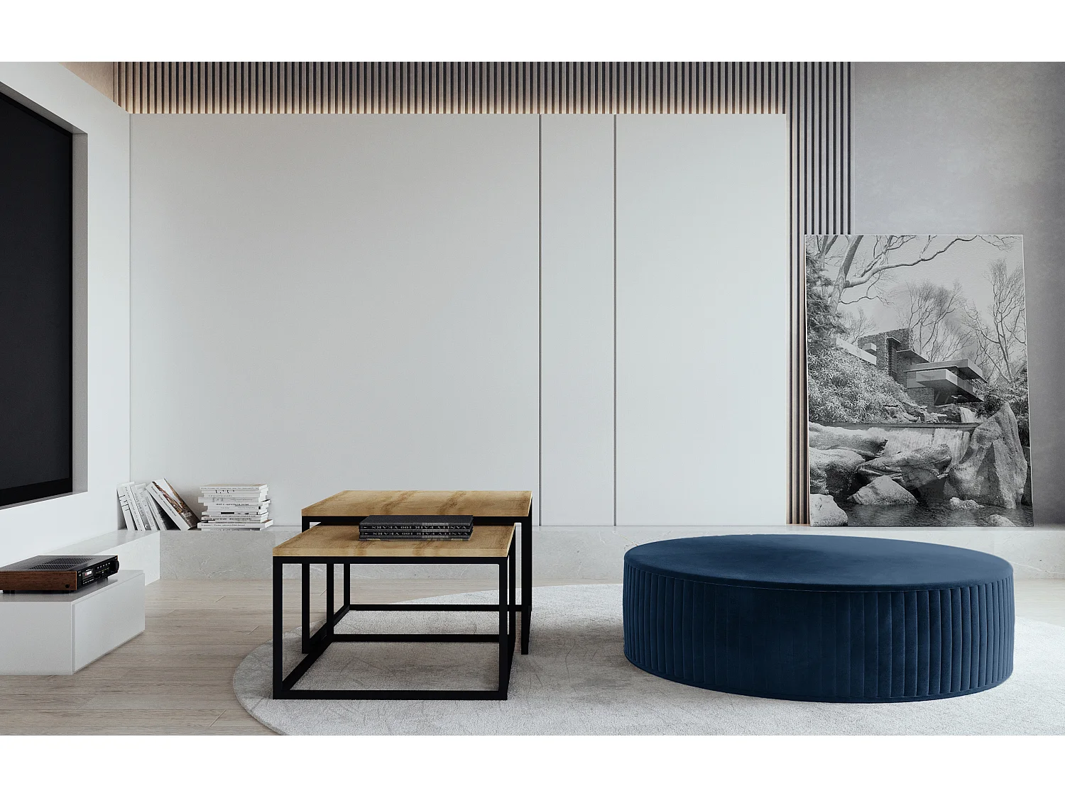 Pouf rond en velours KARA – Confort absolu-Bleu foncé