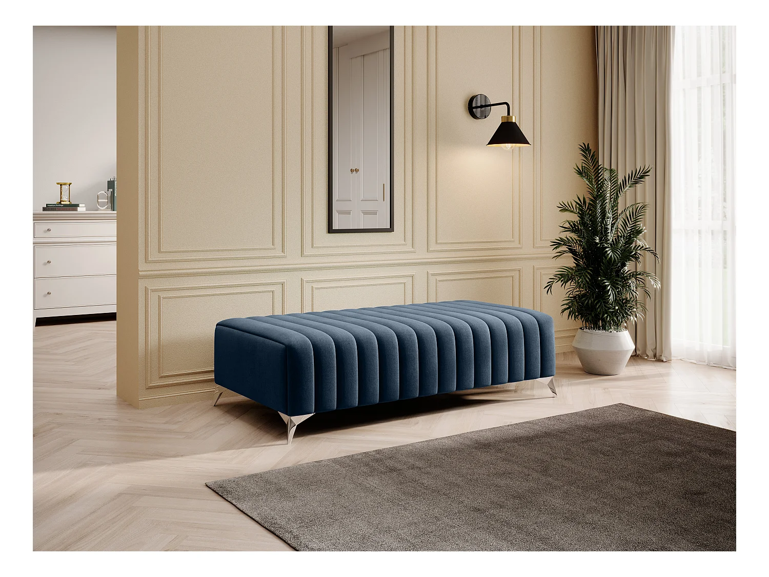 Pouf design velours avec pieds en acier chromé LOZA-Bleu