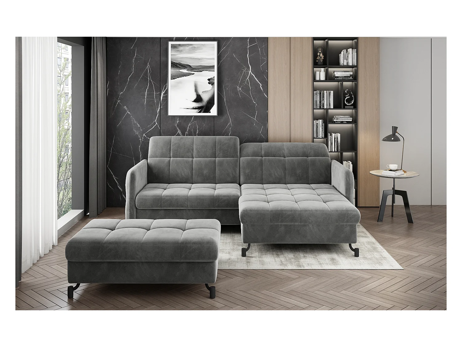 Pouf tissu matelassé avec coffre de rangement LORI-Gris foncé chiné