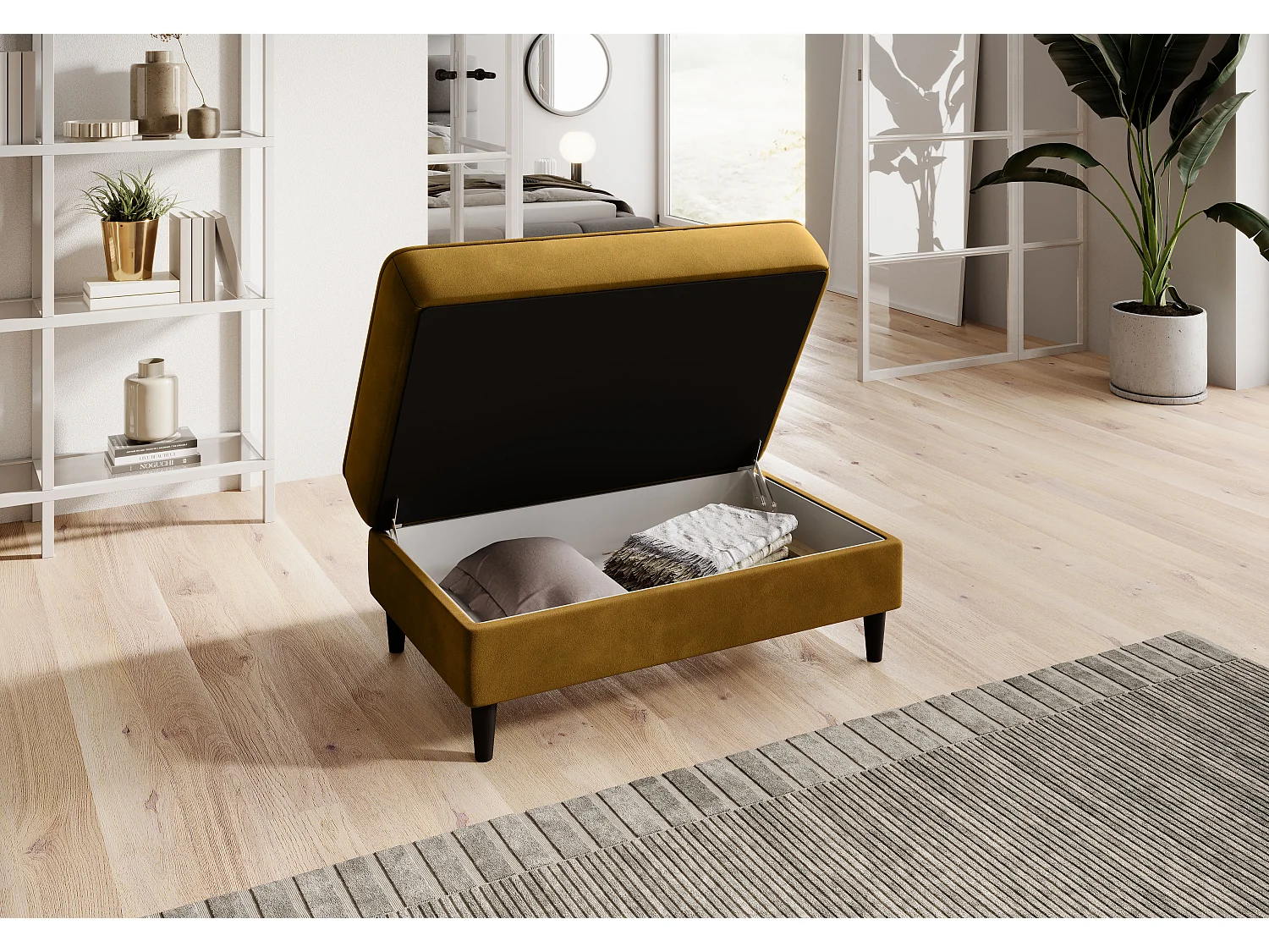 Pouf avec rangement en velours BOZA-Jaune curry