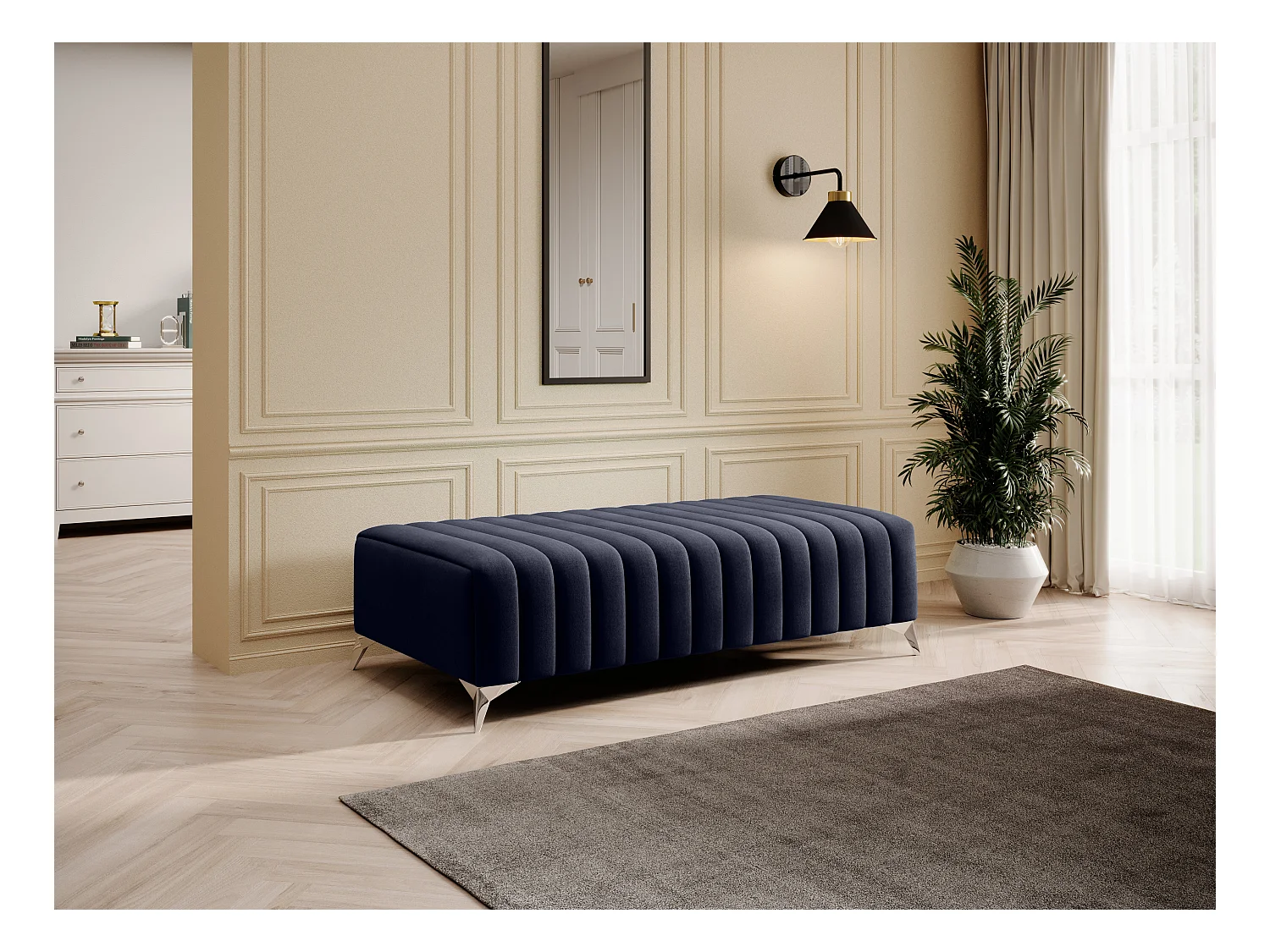 Pouf design velours avec pieds en acier chromé LOZA-Bleu marine