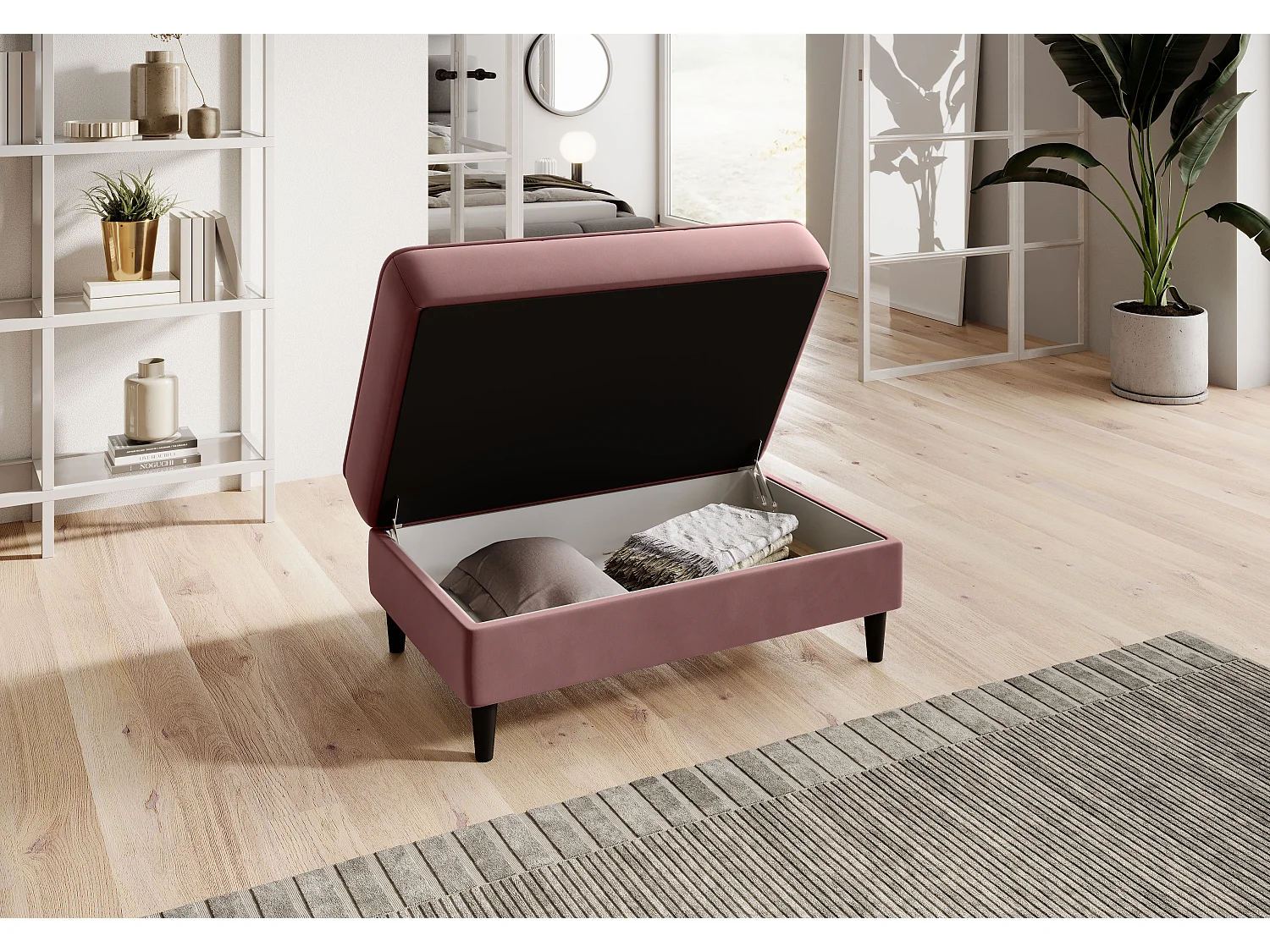 Pouf avec rangement en velours BOZA-Rose poudré
