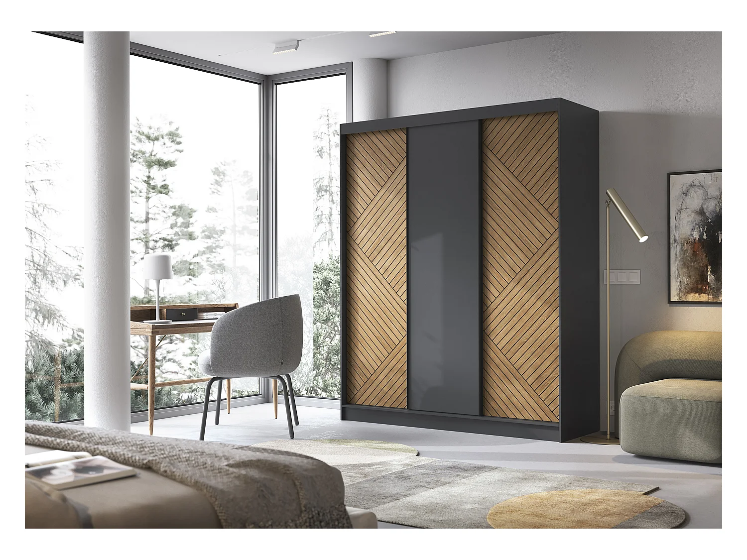 Armoire coulissante SOKAT – Chêne caramel & noir mat-Largeur 180 cm