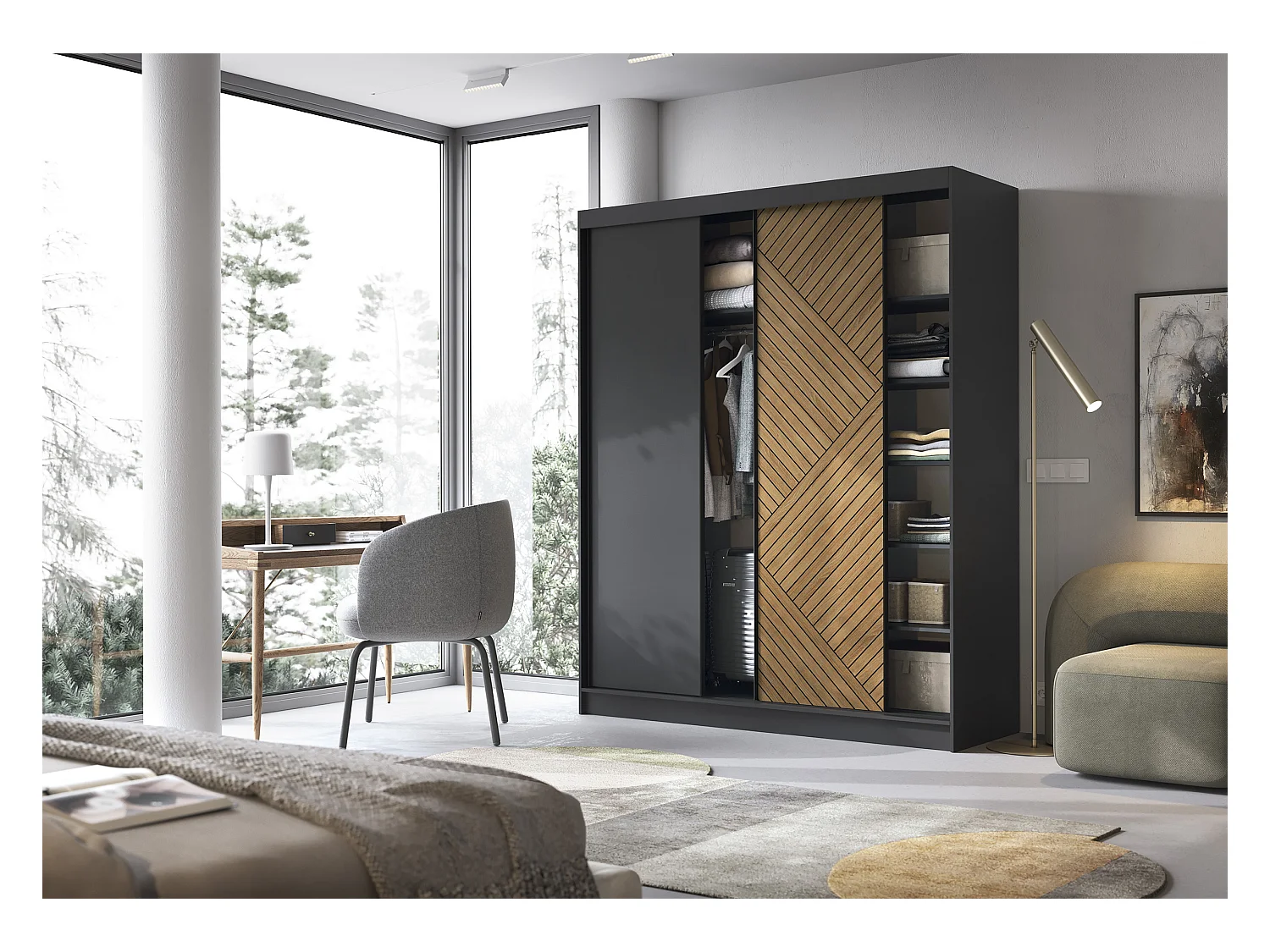 Armoire coulissante SOKAT – Chêne caramel & noir mat-Largeur 180 cm