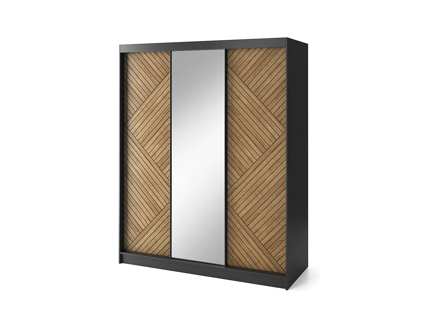 Armoire coulissante SOKAT avec miroir – Chêne caramel & noir mat-Largeur 180 cm