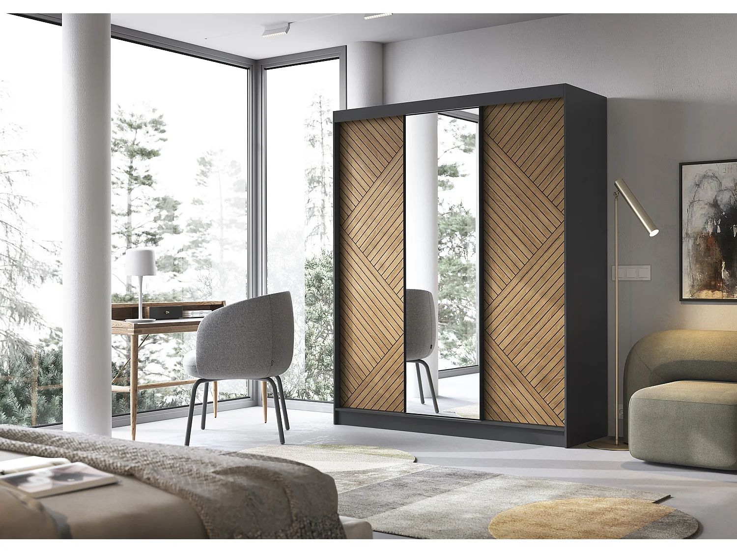 Armoire coulissante SOKAT avec miroir – Chêne caramel & noir mat-Largeur 180 cm