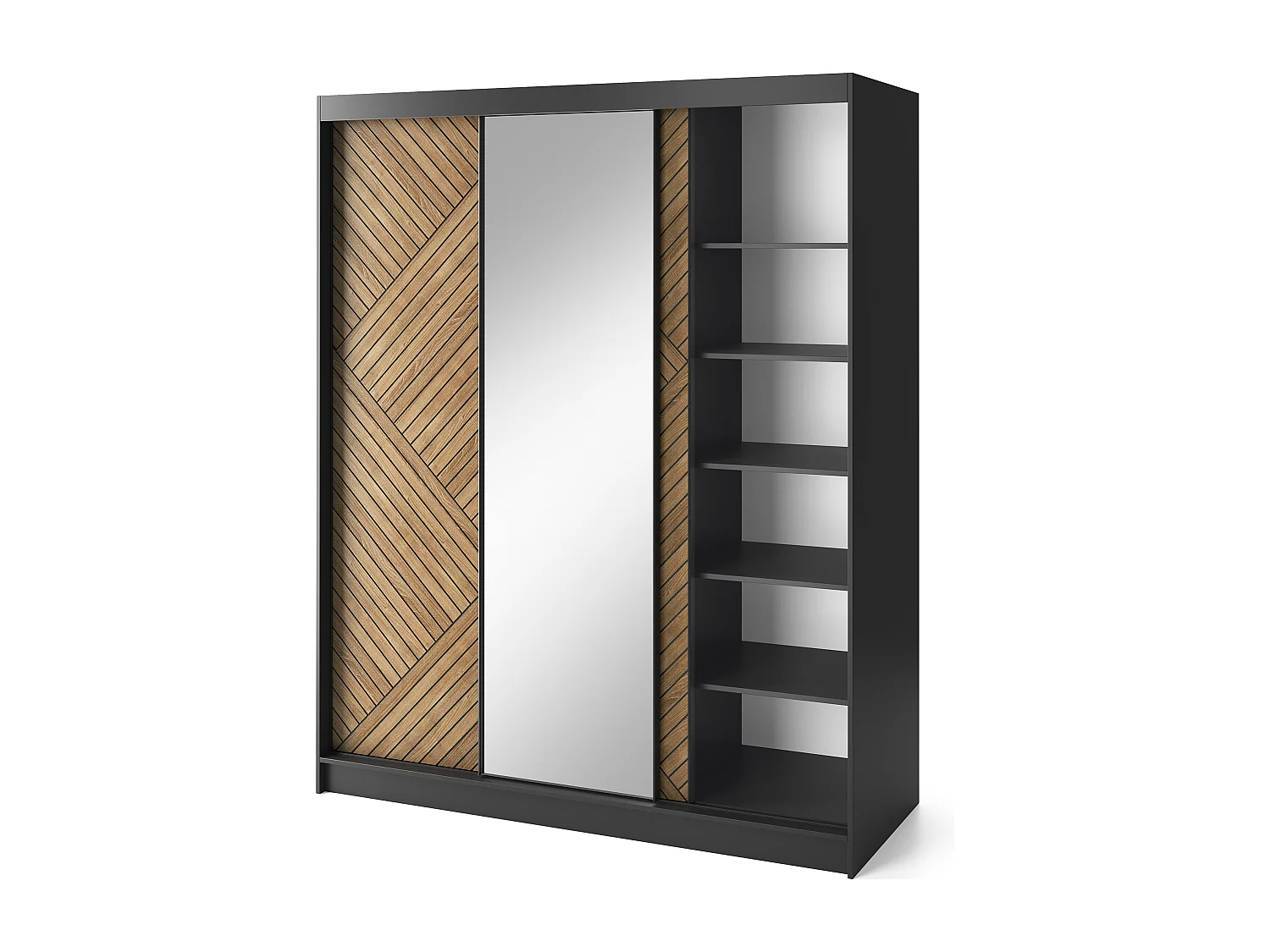 Armoire coulissante SOKAT avec miroir – Chêne caramel & noir mat-Largeur 180 cm