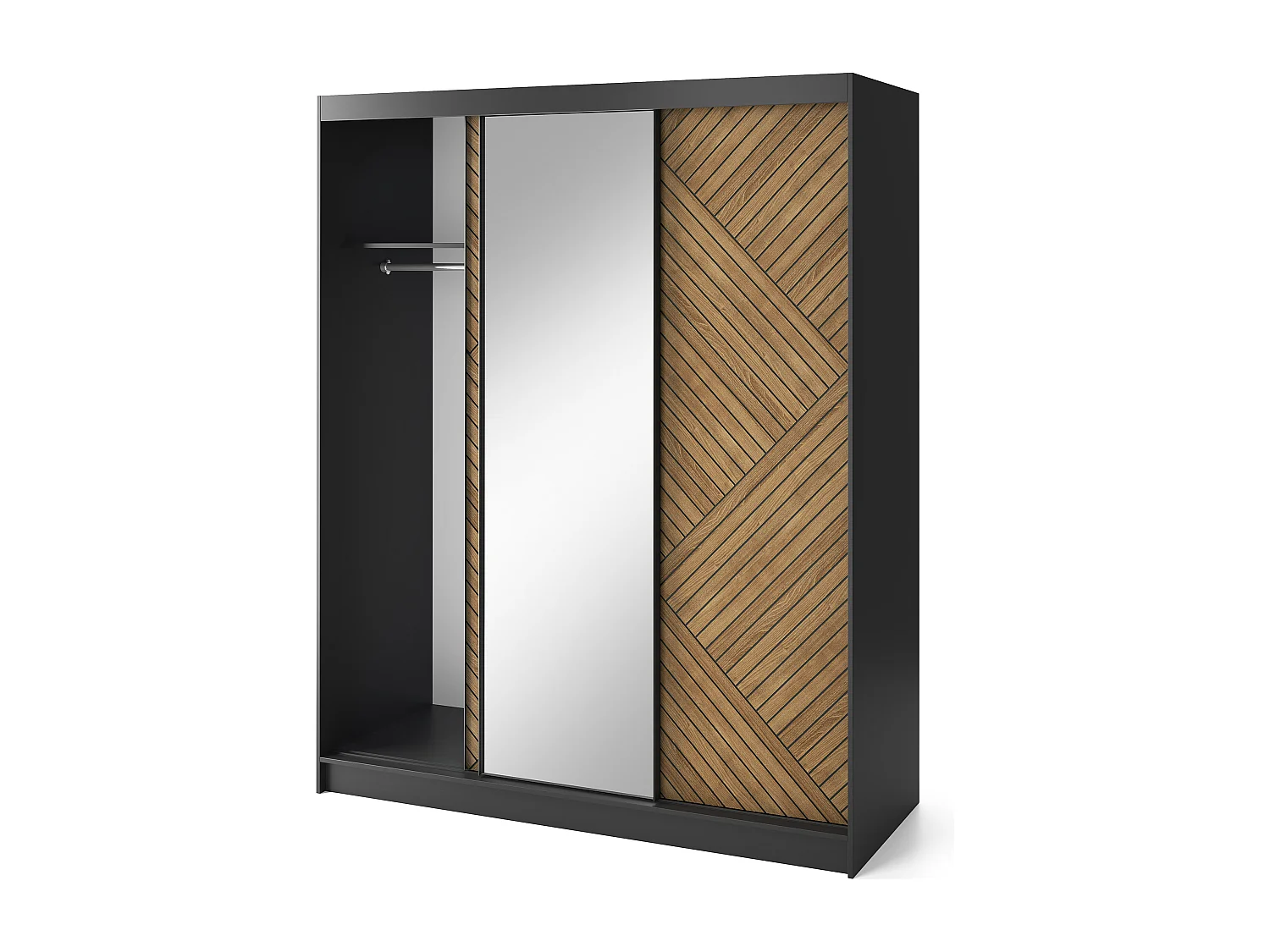 Armoire coulissante SOKAT avec miroir – Chêne caramel & noir mat-Largeur 180 cm