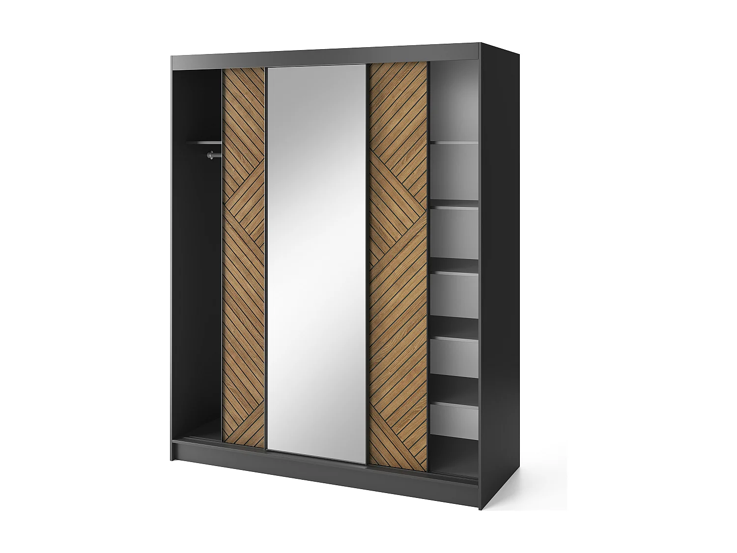 Armoire coulissante SOKAT avec miroir – Chêne caramel & noir mat-Largeur 180 cm