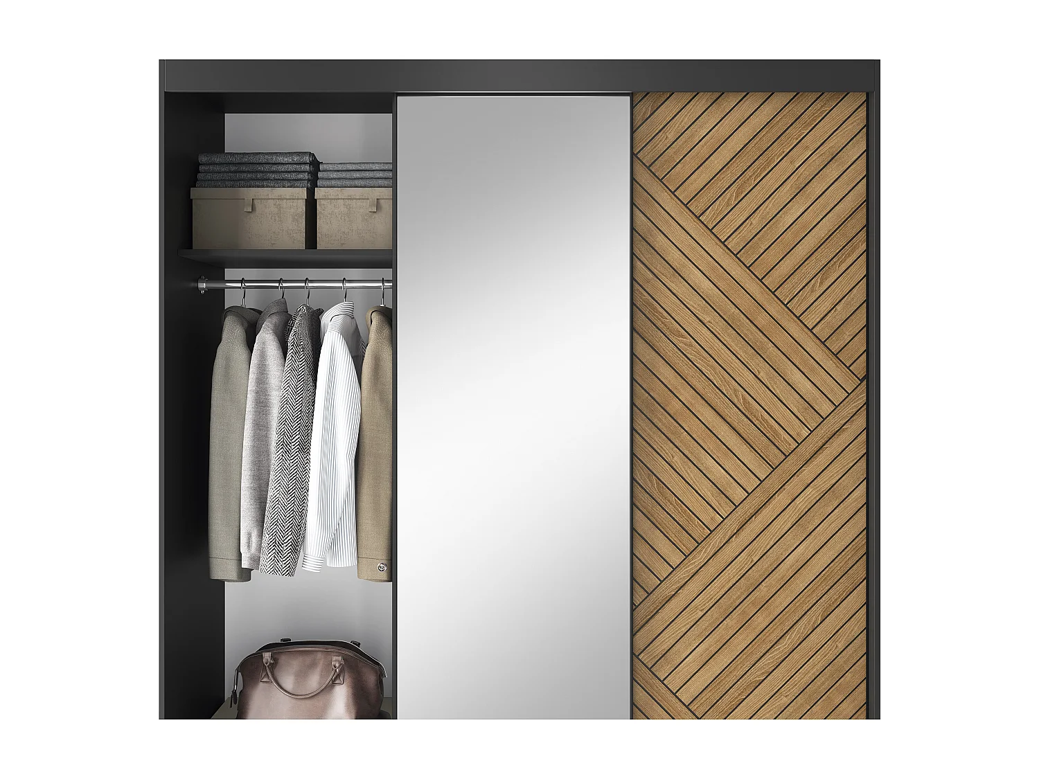 Armoire coulissante SOKAT avec miroir – Chêne caramel & noir mat-Largeur 180 cm