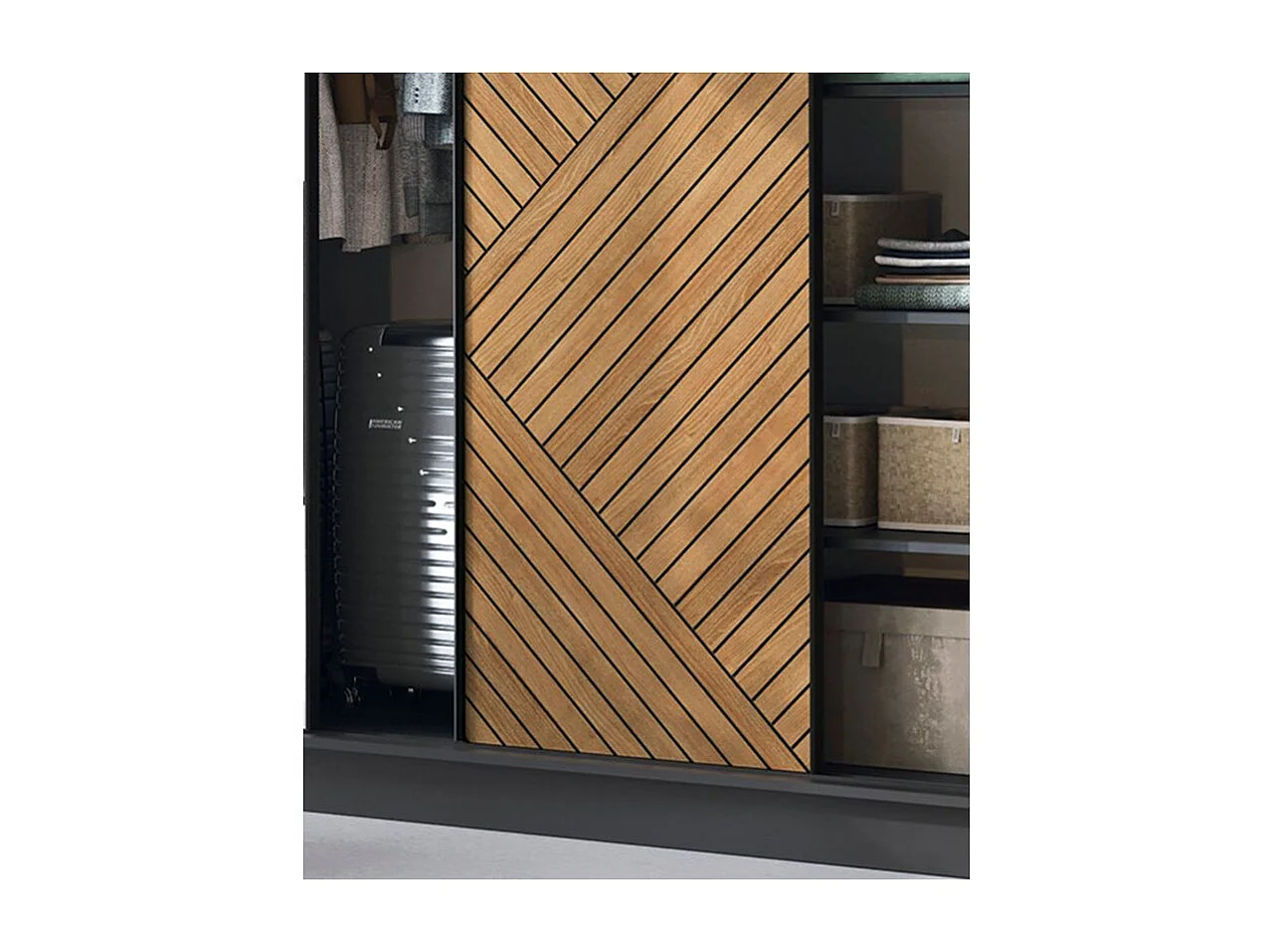 Armoire coulissante SOKAT avec miroir – Chêne caramel & noir mat-Largeur 180 cm