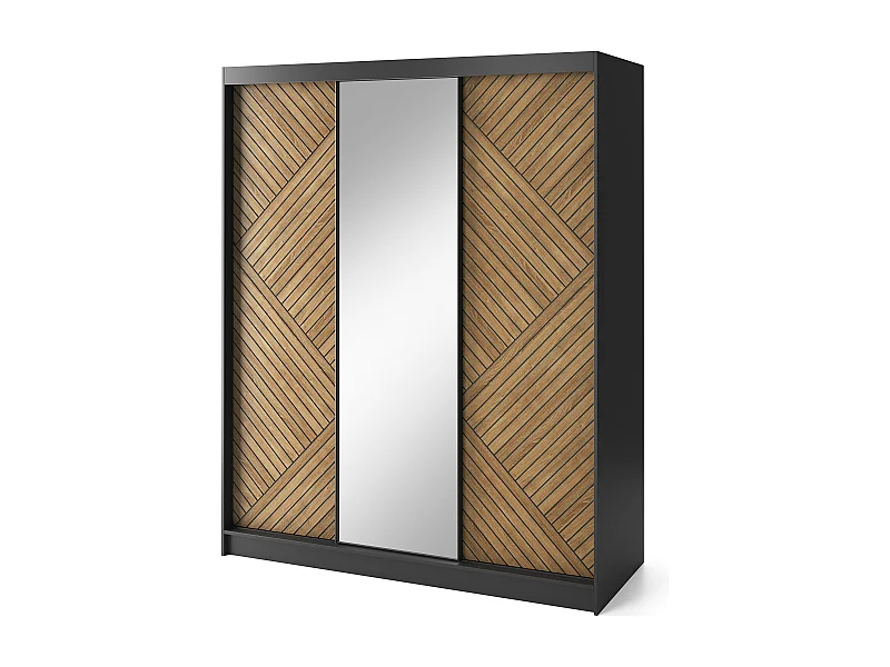 Armoire coulissante SOKAT avec miroir – Chêne caramel & noir mat-Largeur 180 cm
