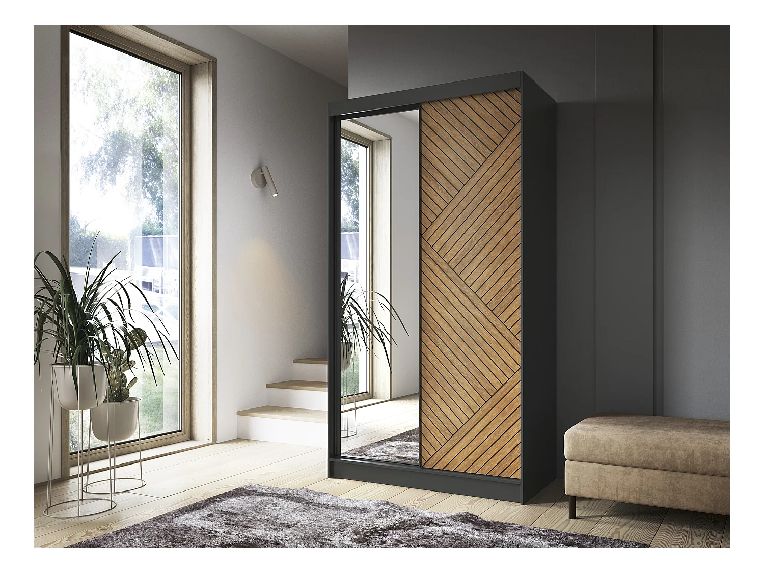 Armoire coulissante SOKAT avec miroir – Chêne caramel & noir mat-Largeur 120 cm