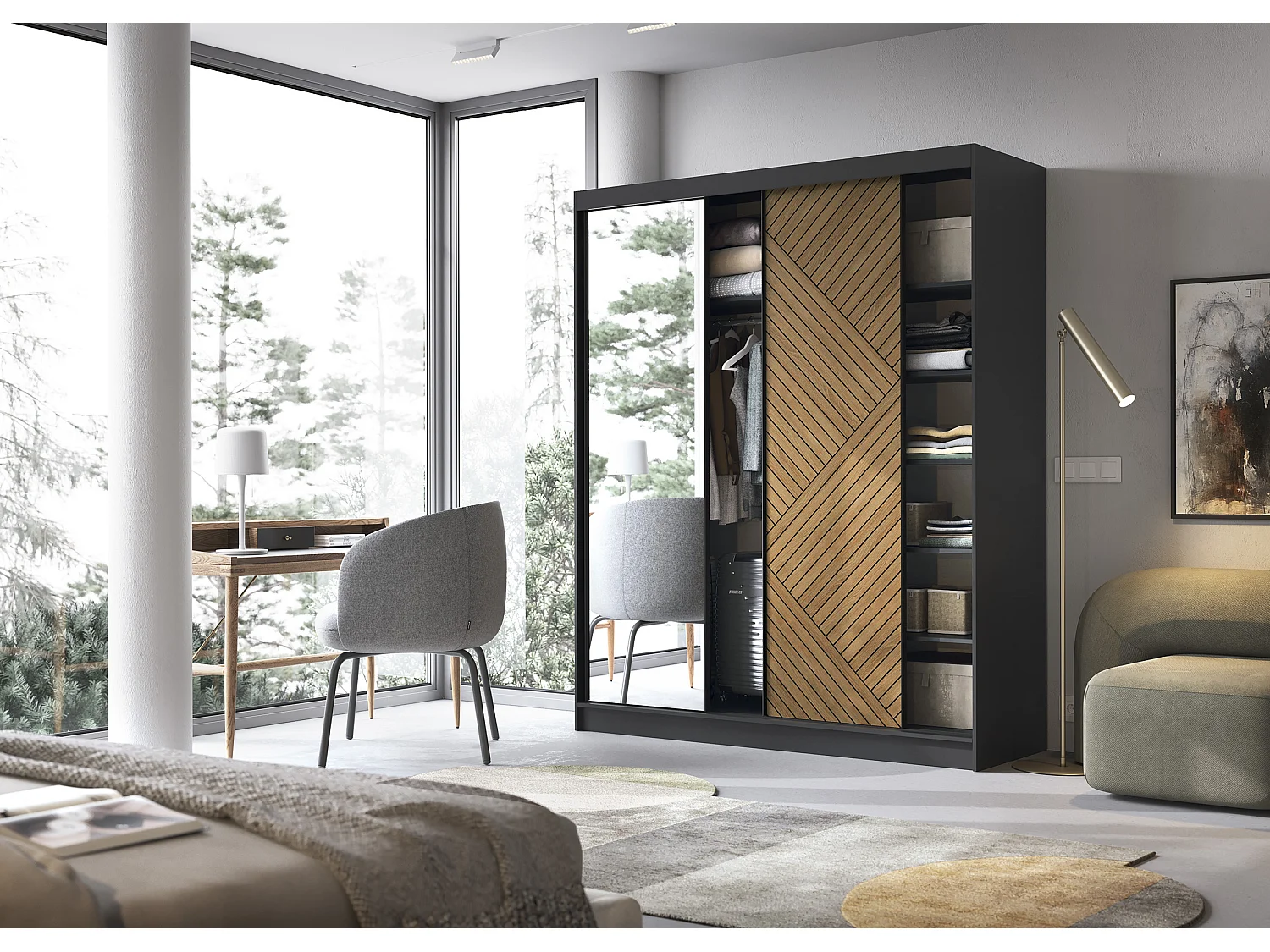 Armoire coulissante SOKAT avec miroir – Chêne caramel & noir mat-Largeur 120 cm