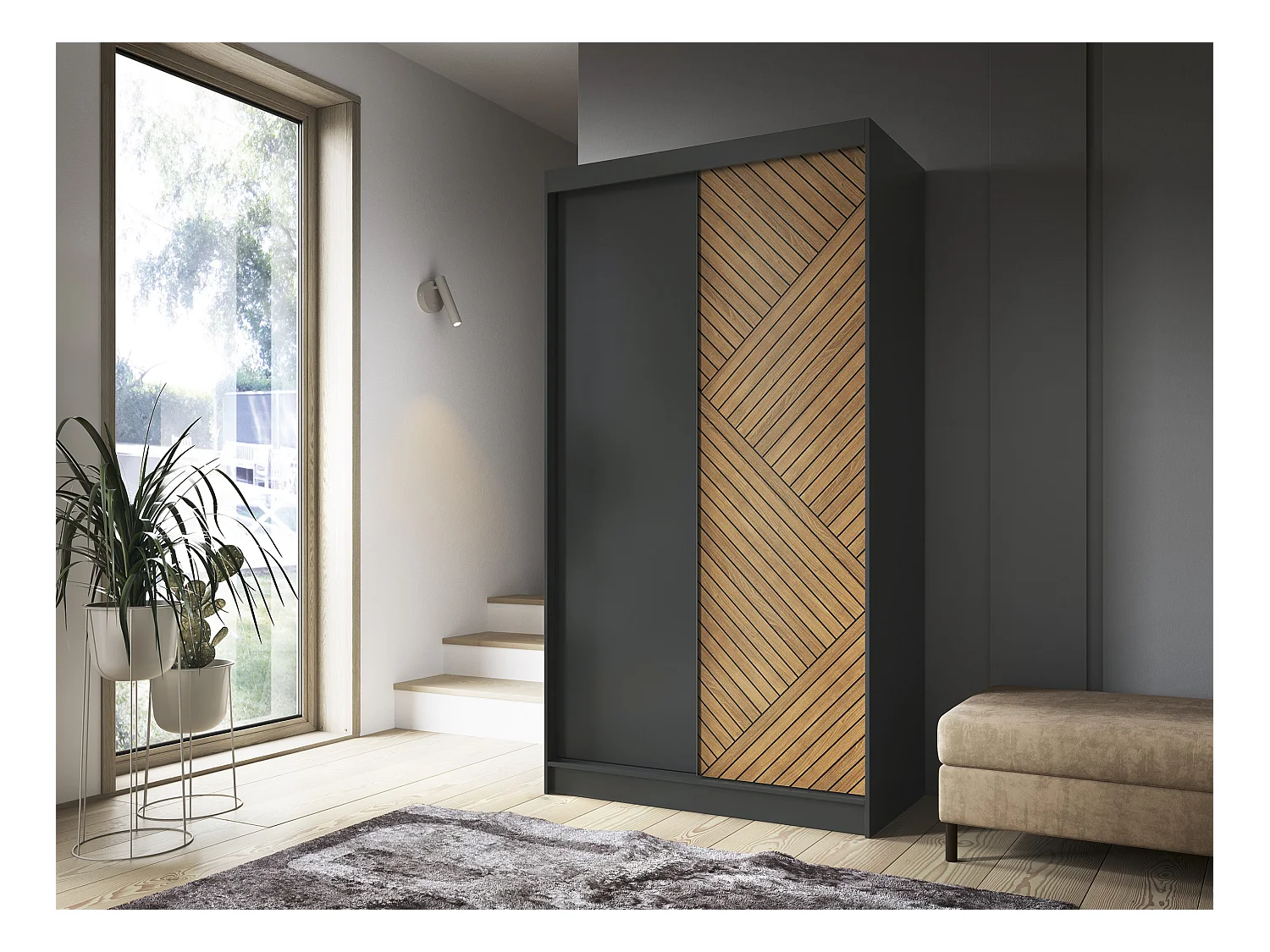 Armoire coulissante SOKAT – Chêne caramel & noir mat-Largeur 120 cm