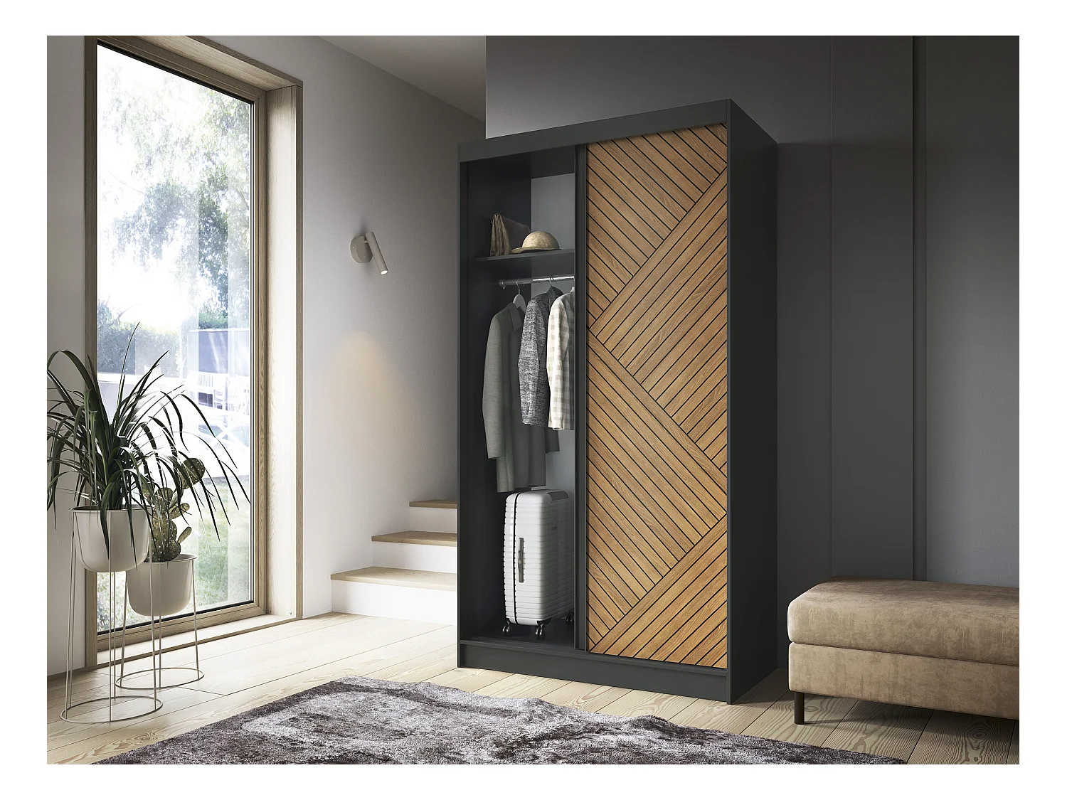 Armoire coulissante SOKAT – Chêne caramel & noir mat-Largeur 120 cm