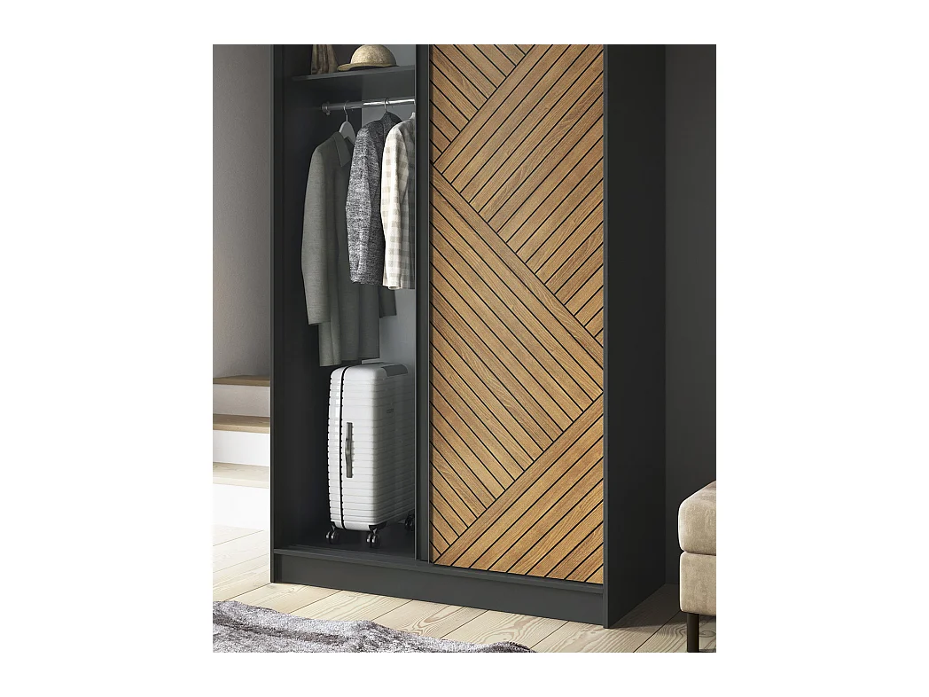 Armoire coulissante SOKAT – Chêne caramel & noir mat-Largeur 120 cm