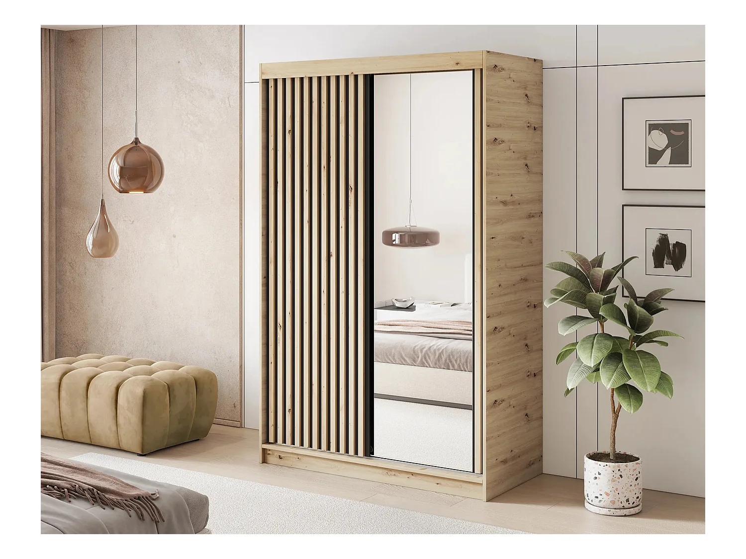 Armoire chambre adulte MERIKO 120cm Chêne artisan et miroir