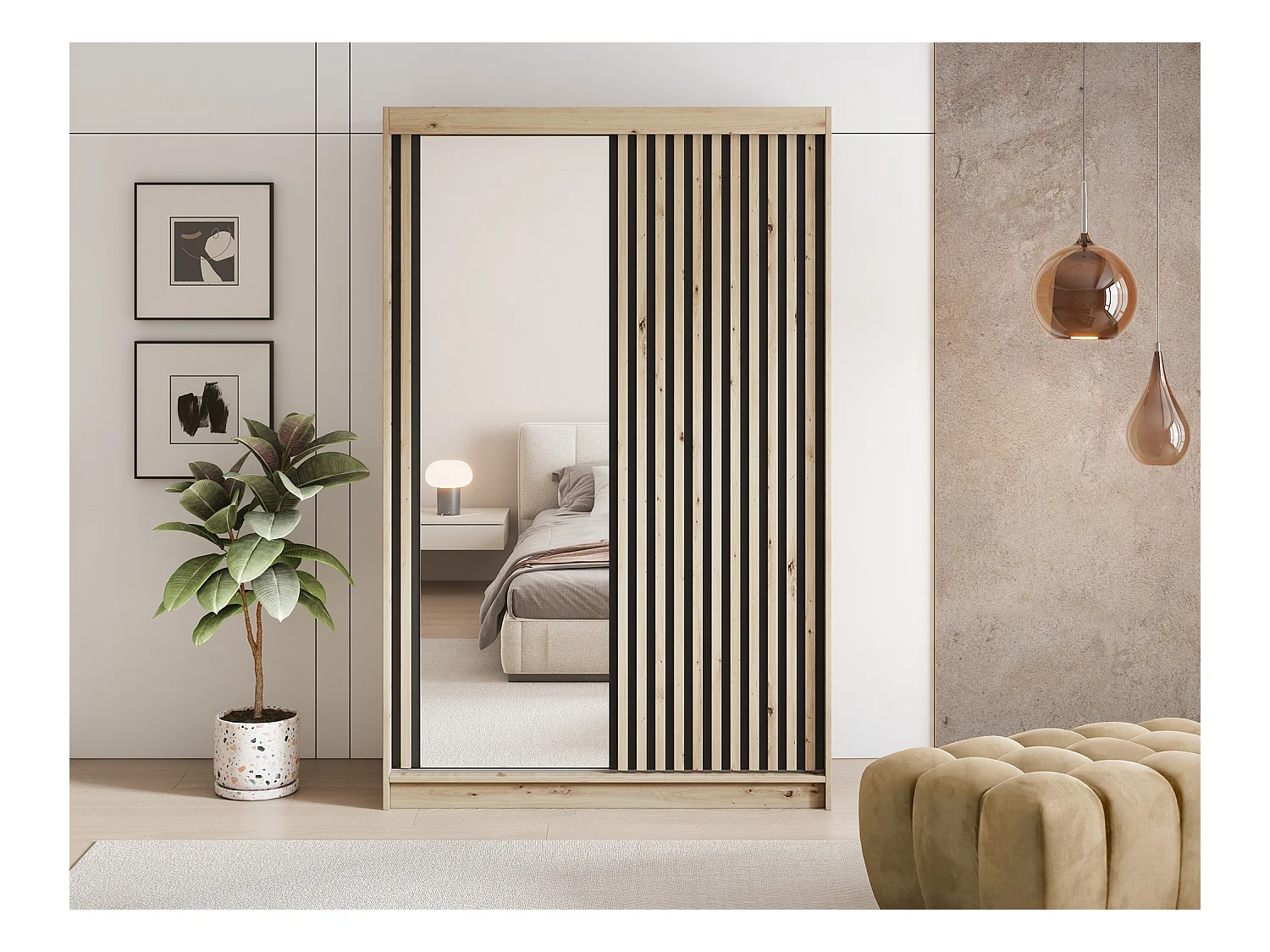 Armoire chambre adulte MERIKO 120cm Chêne artisan et miroir