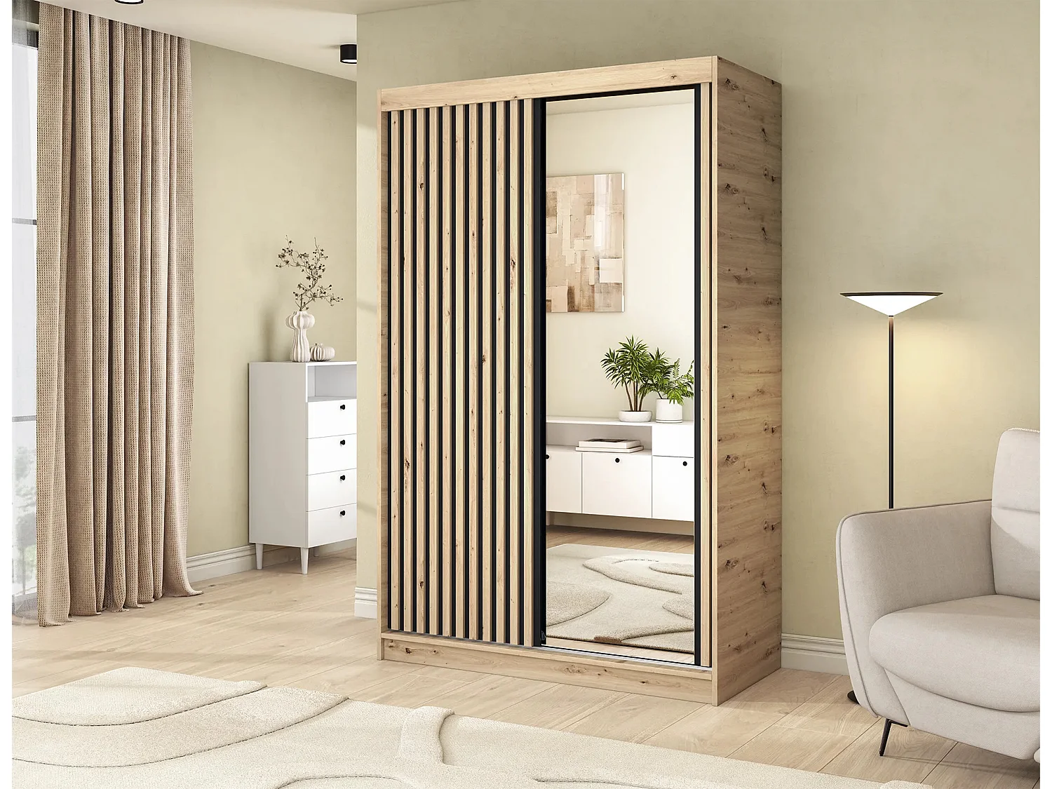 Armoire chambre adulte MERIKO 120cm Chêne artisan et miroir