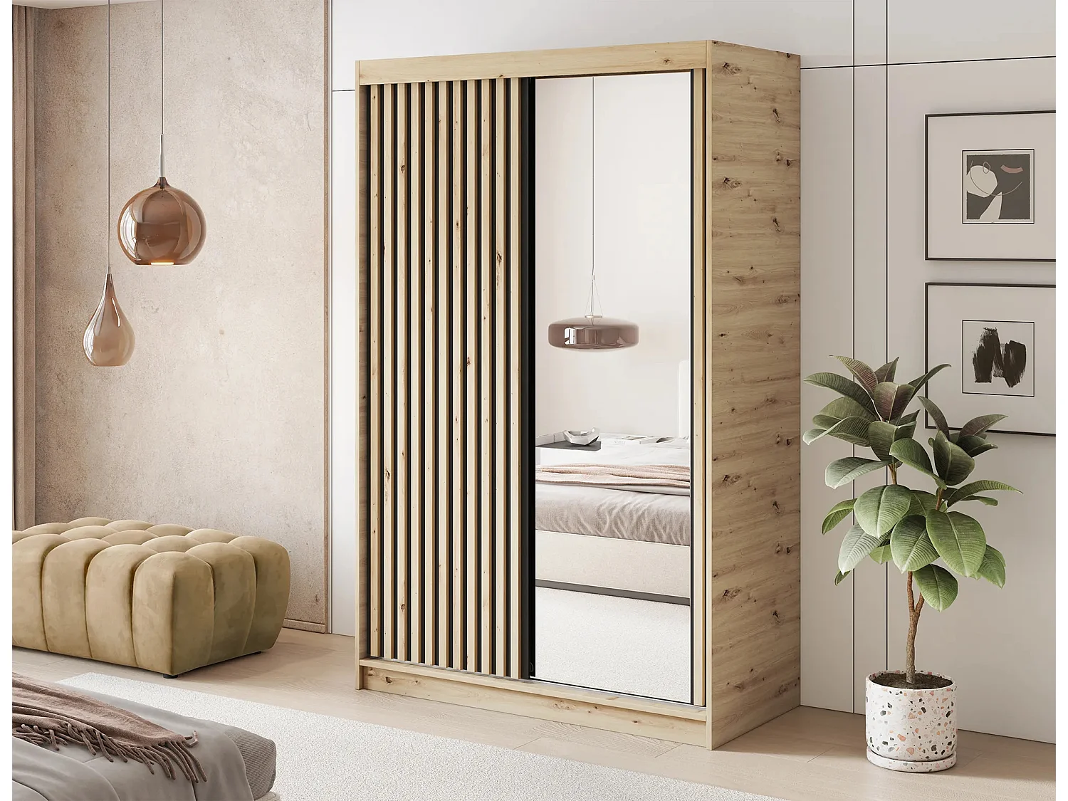 Armoire chambre adulte MERIKO 120cm Chêne artisan et miroir